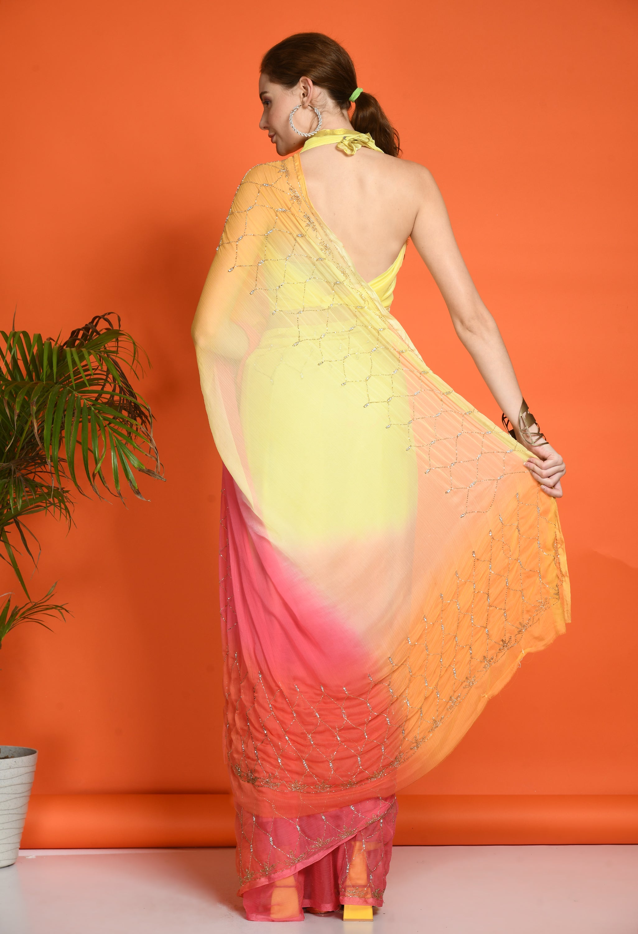 Sun Peach Tie & Dye Chiffon Saree with Cut Dana Work