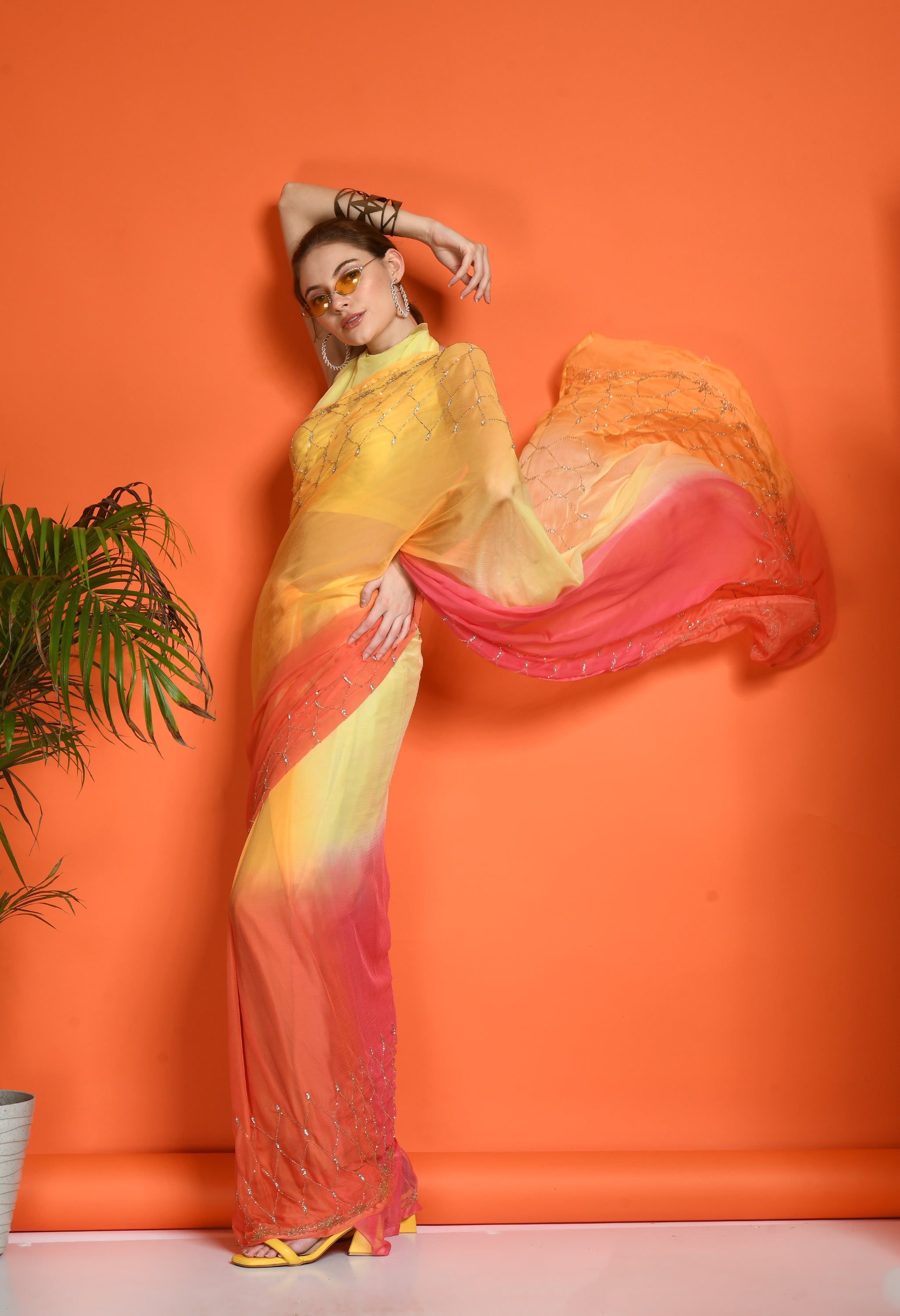 Sun Peach Tie & Dye Chiffon Saree with Cut Dana Work