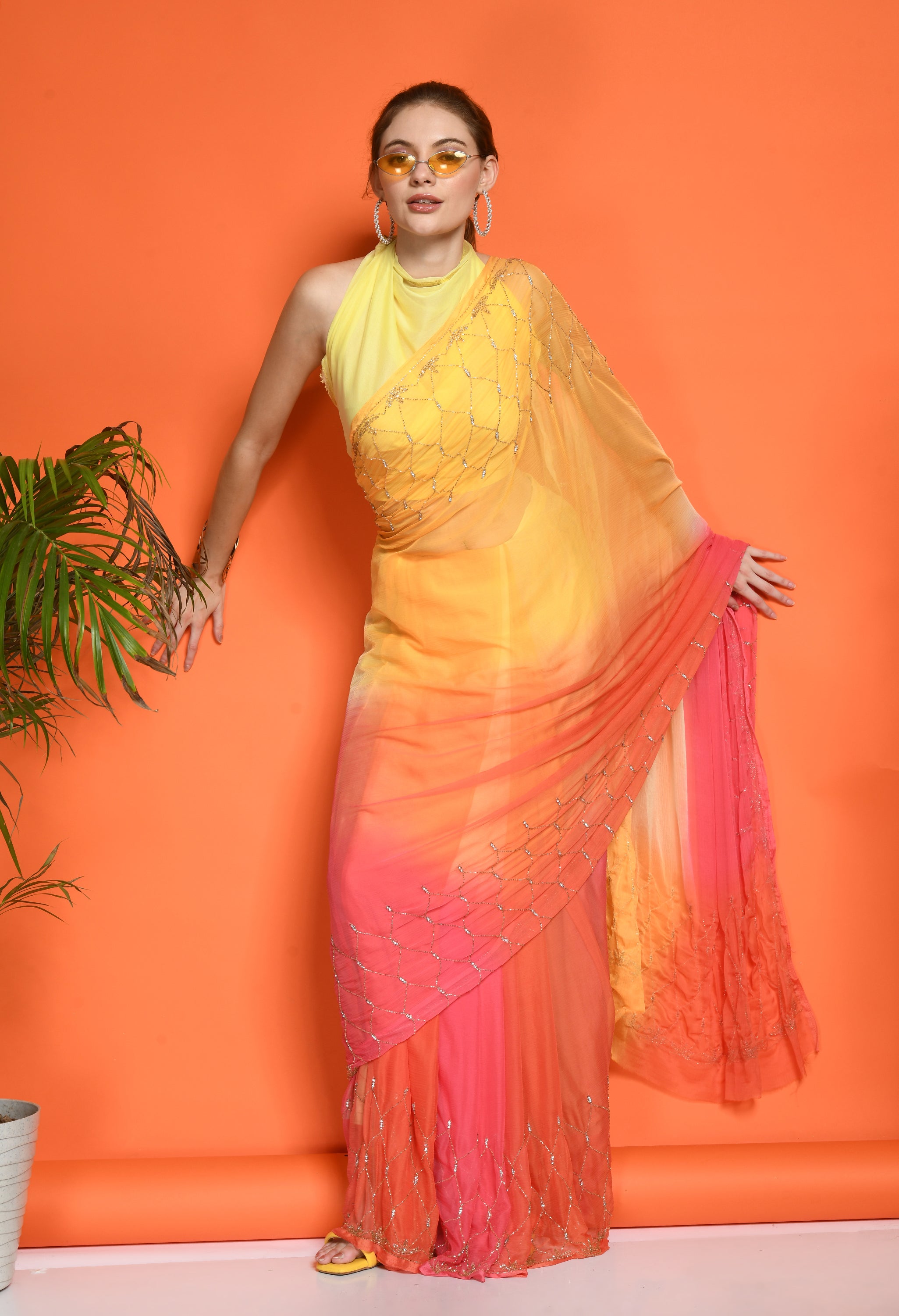 Sun Peach Tie & Dye Chiffon Saree with Cut Dana Work