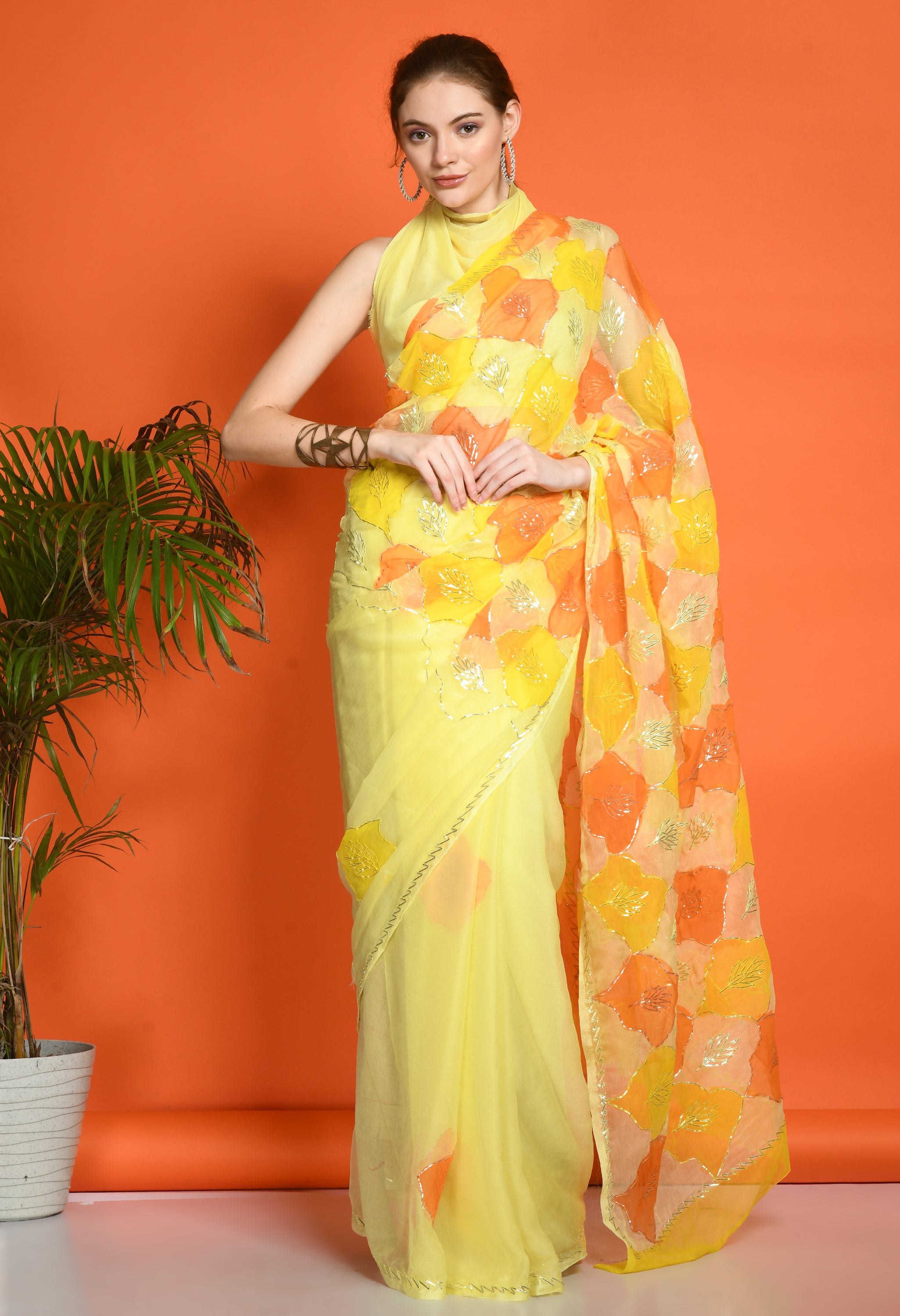 Sun Dew Hand Painted Gotta Chiffon Saree