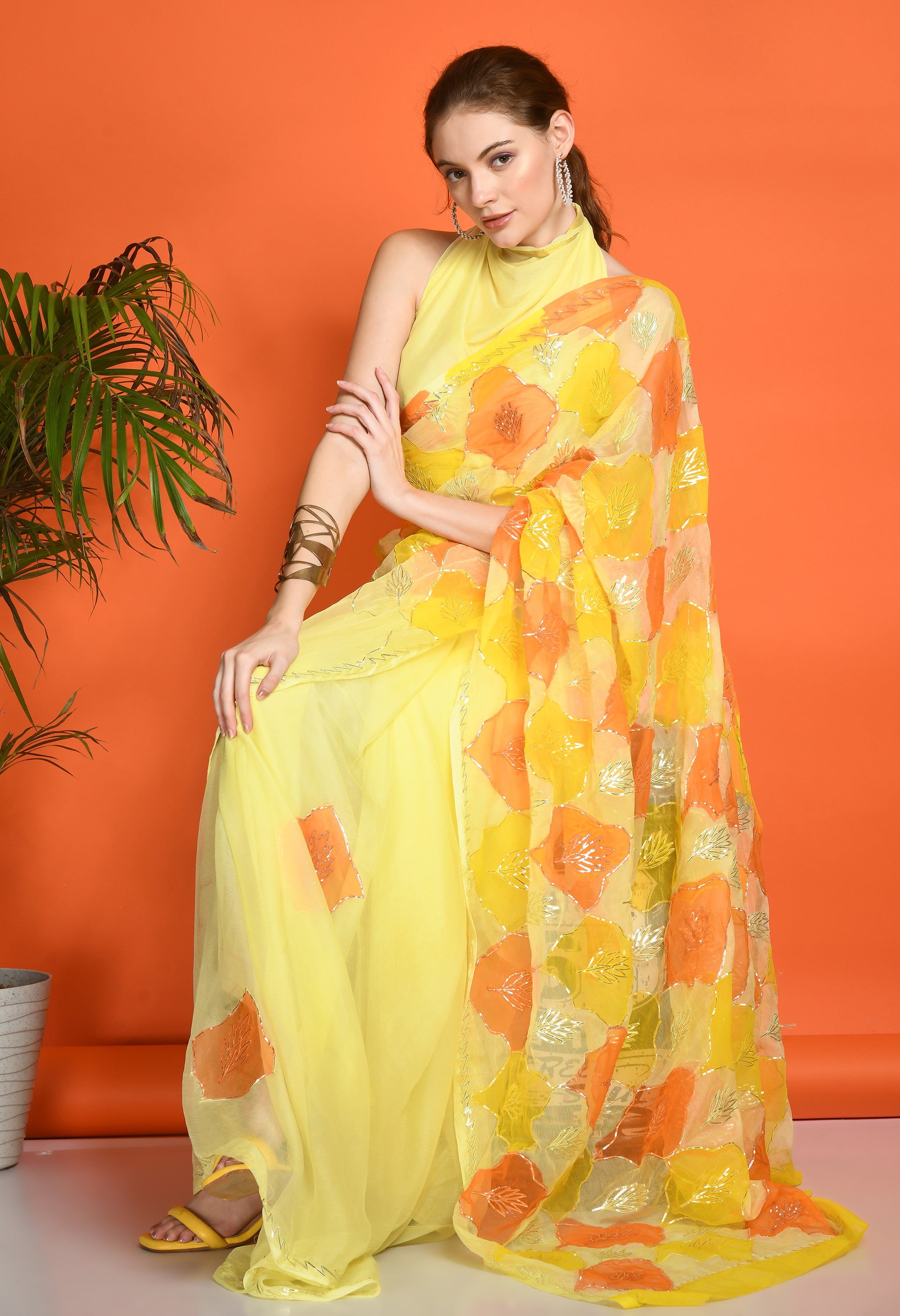 Sun Dew Hand Painted Gotta Chiffon Saree