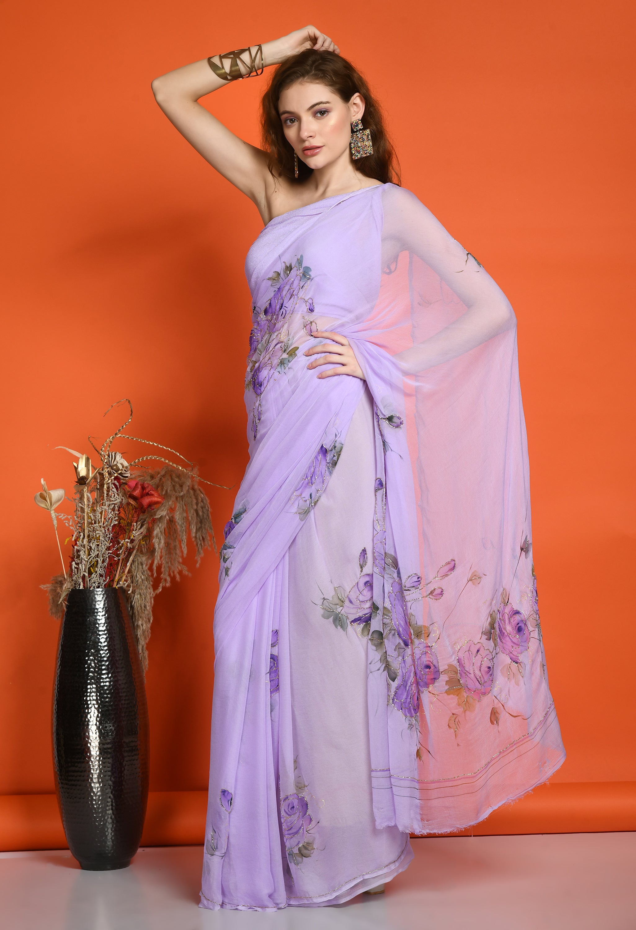 Lollipop Purple Hand Painted Chiffon Saree with Cut dana Work