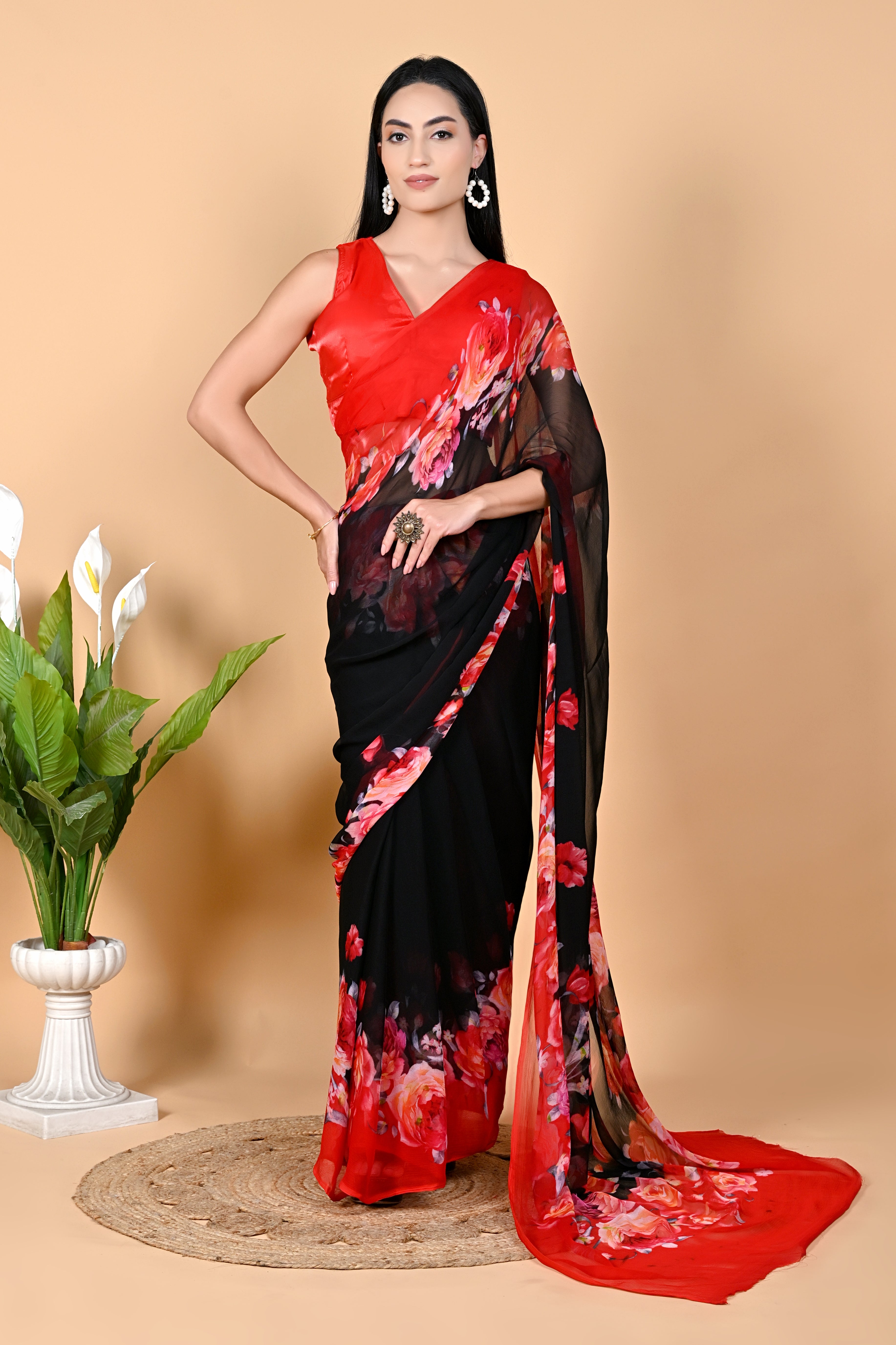 Ebony Petals Digital Print Black Chiffon Saree