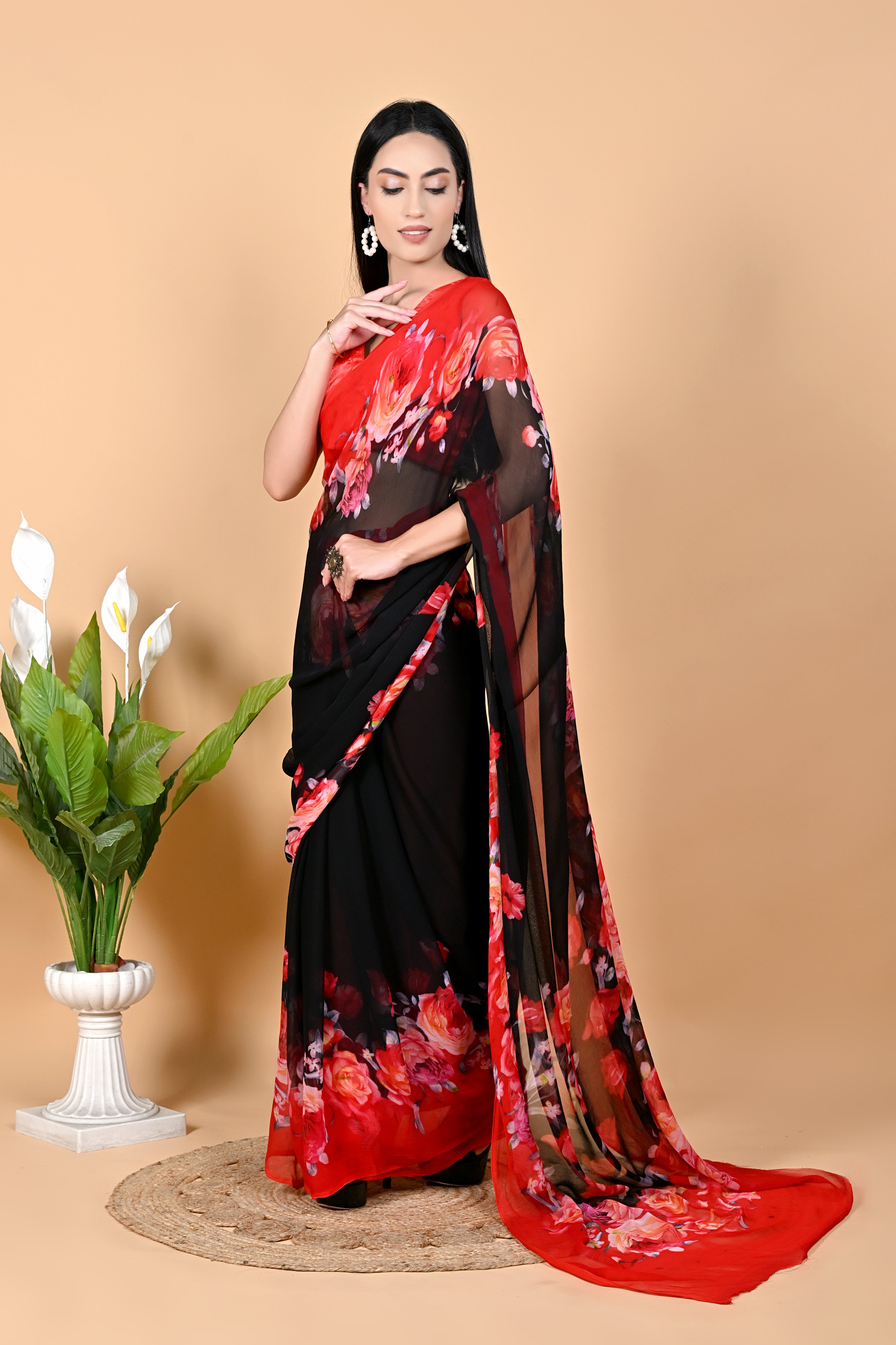 Ebony Petals Digital Print Black Chiffon Saree