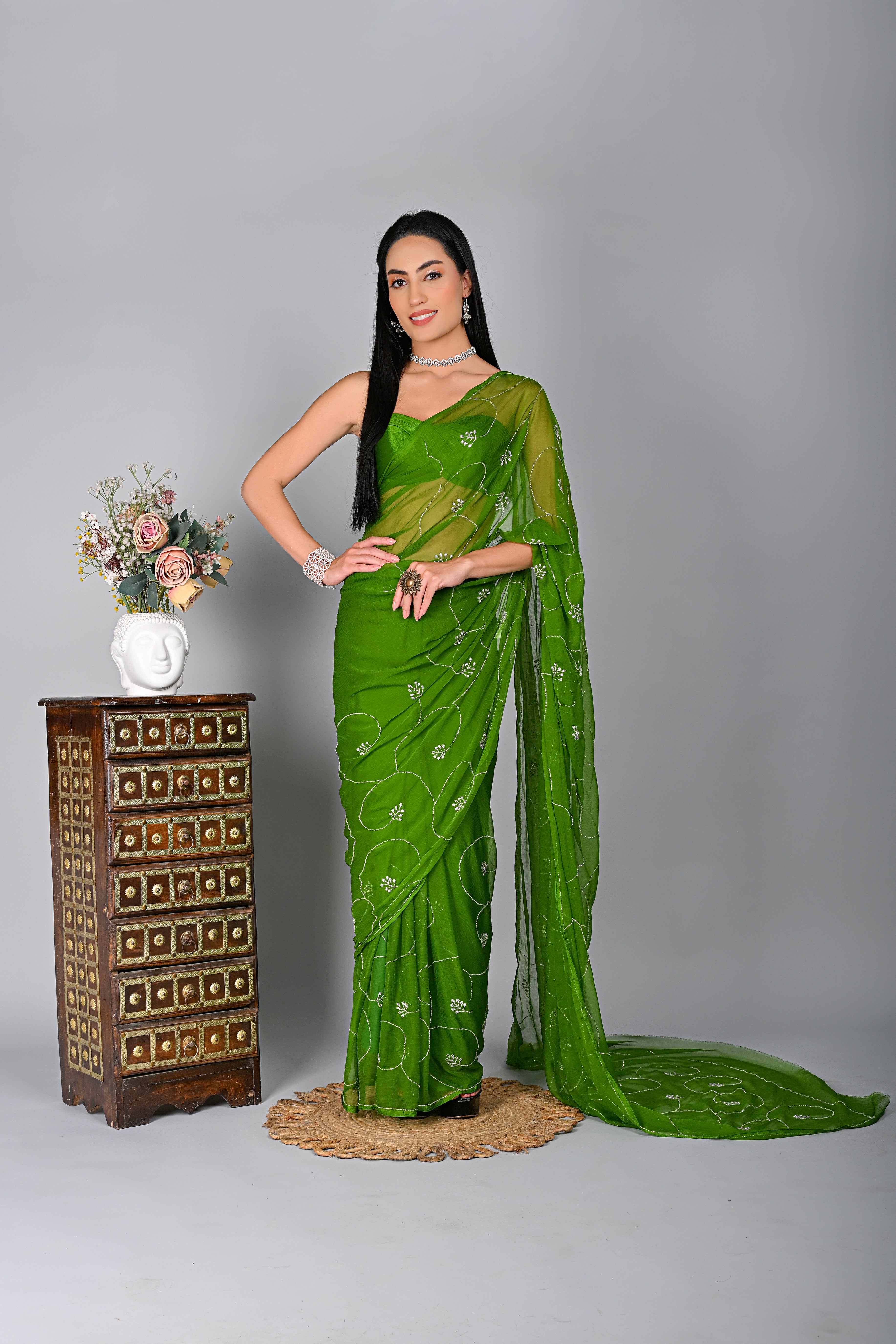 Lush Green Embellished Chiffon Saree