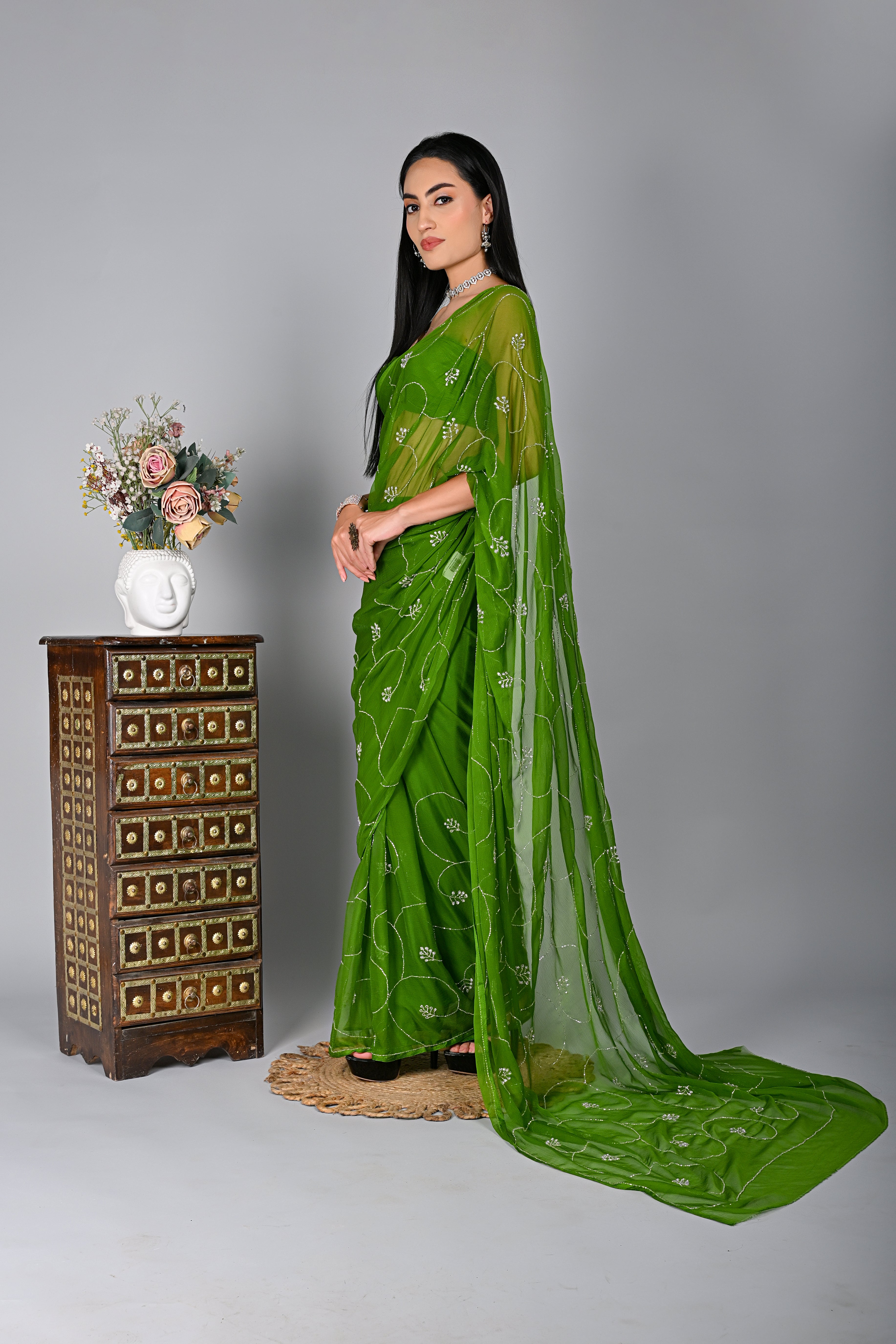 Lush Green Embellished Chiffon Saree