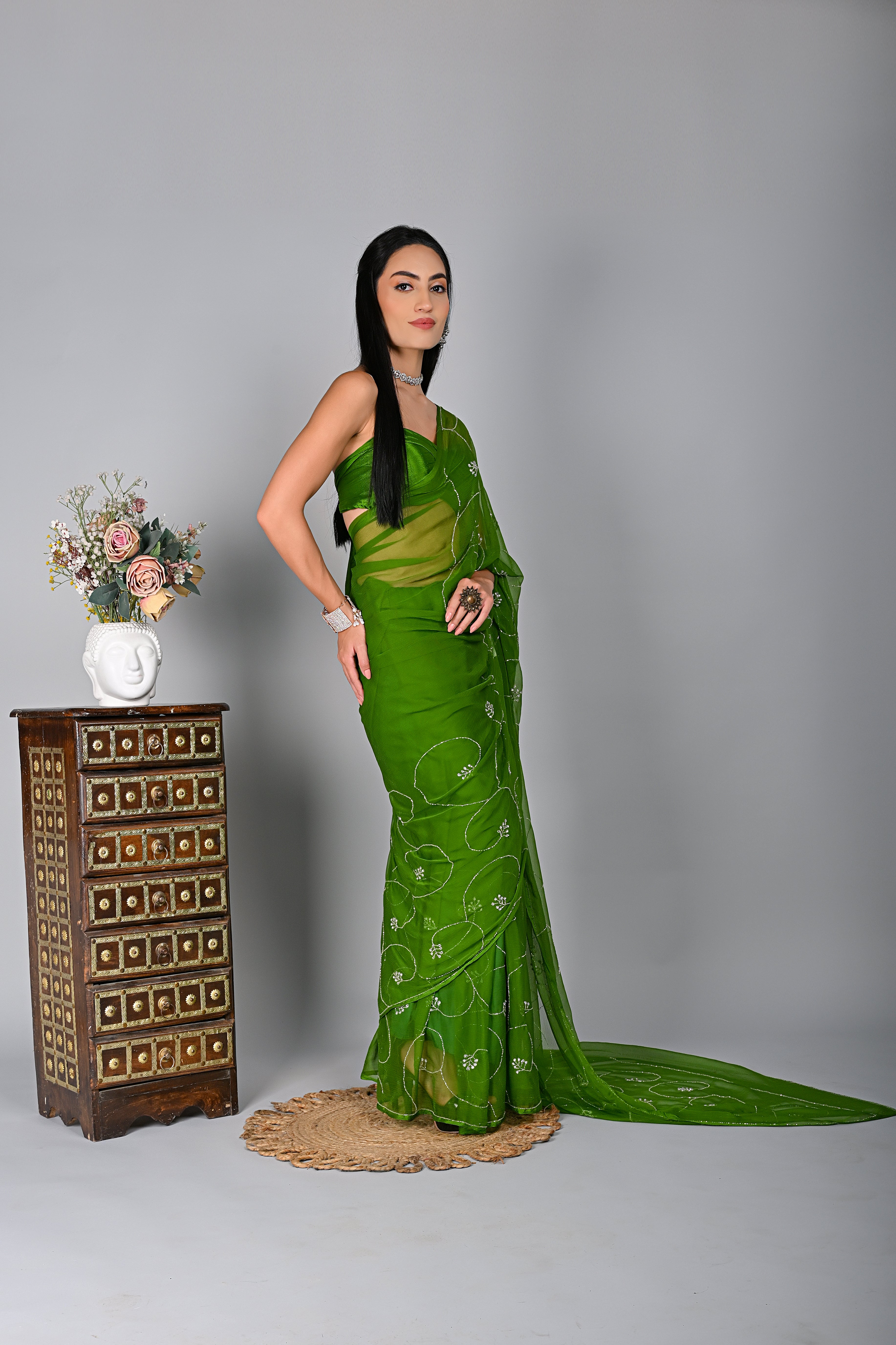 Lush Green Embellished Chiffon Saree