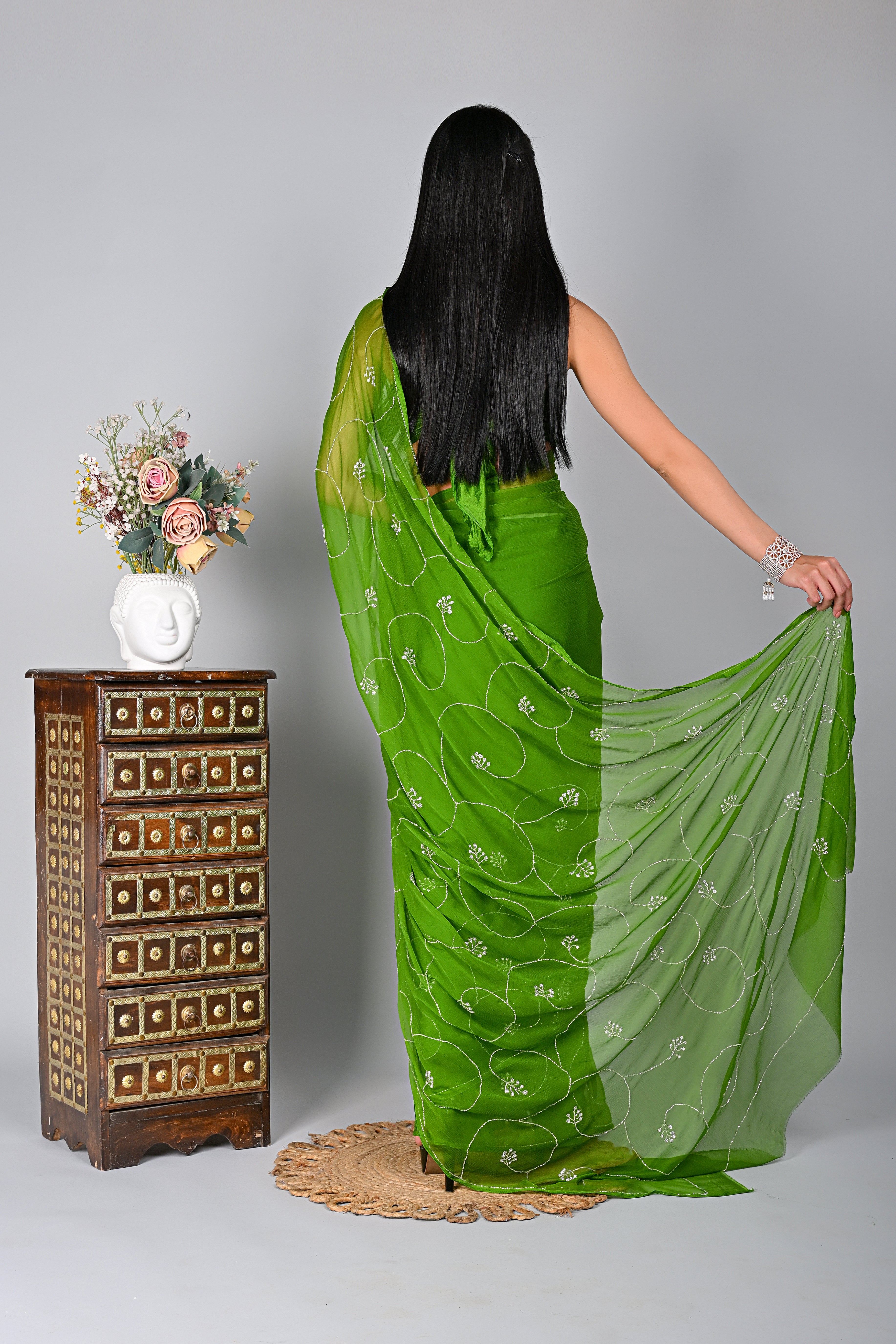 Lush Green Embellished Chiffon Saree