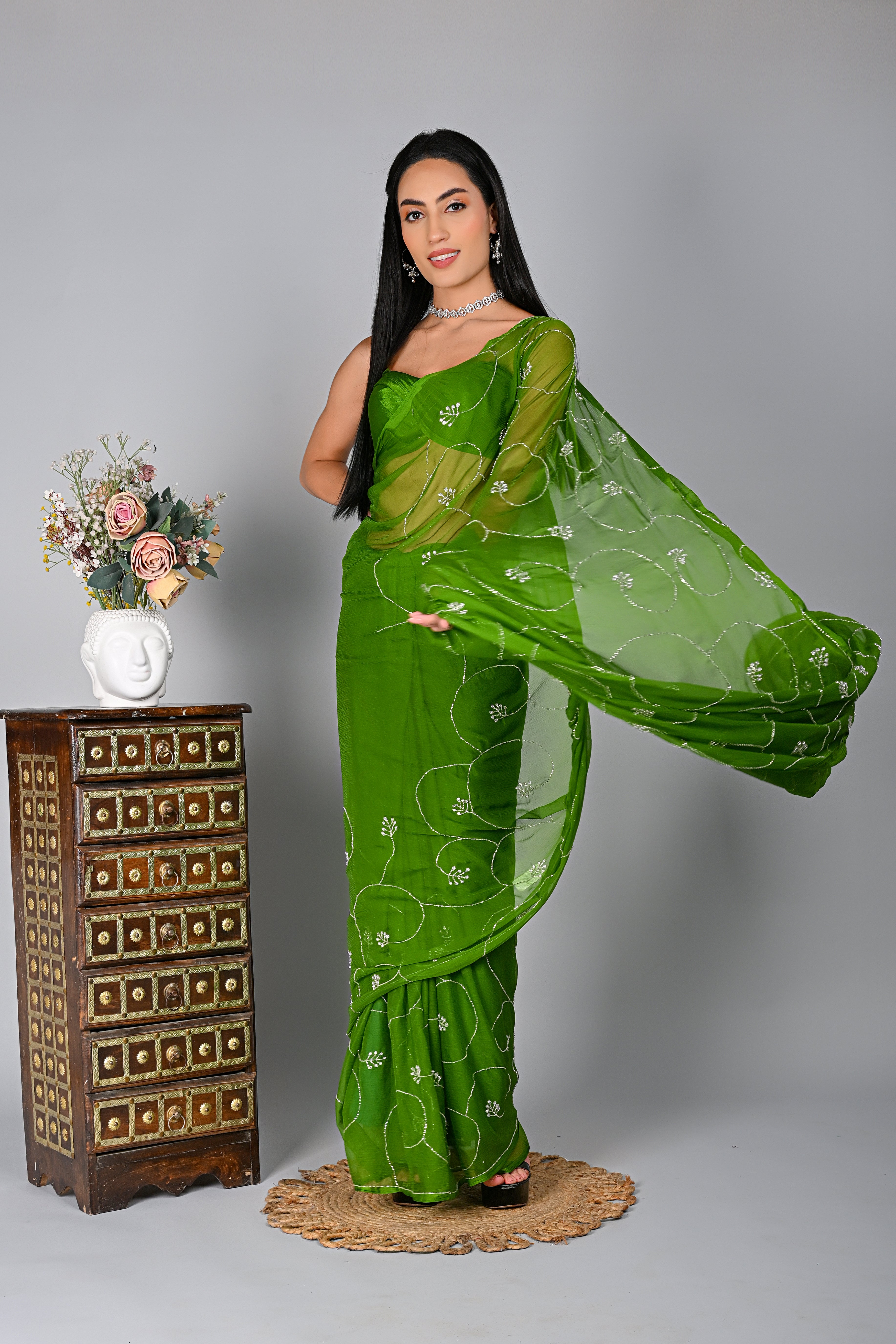 Lush Green Embellished Chiffon Saree