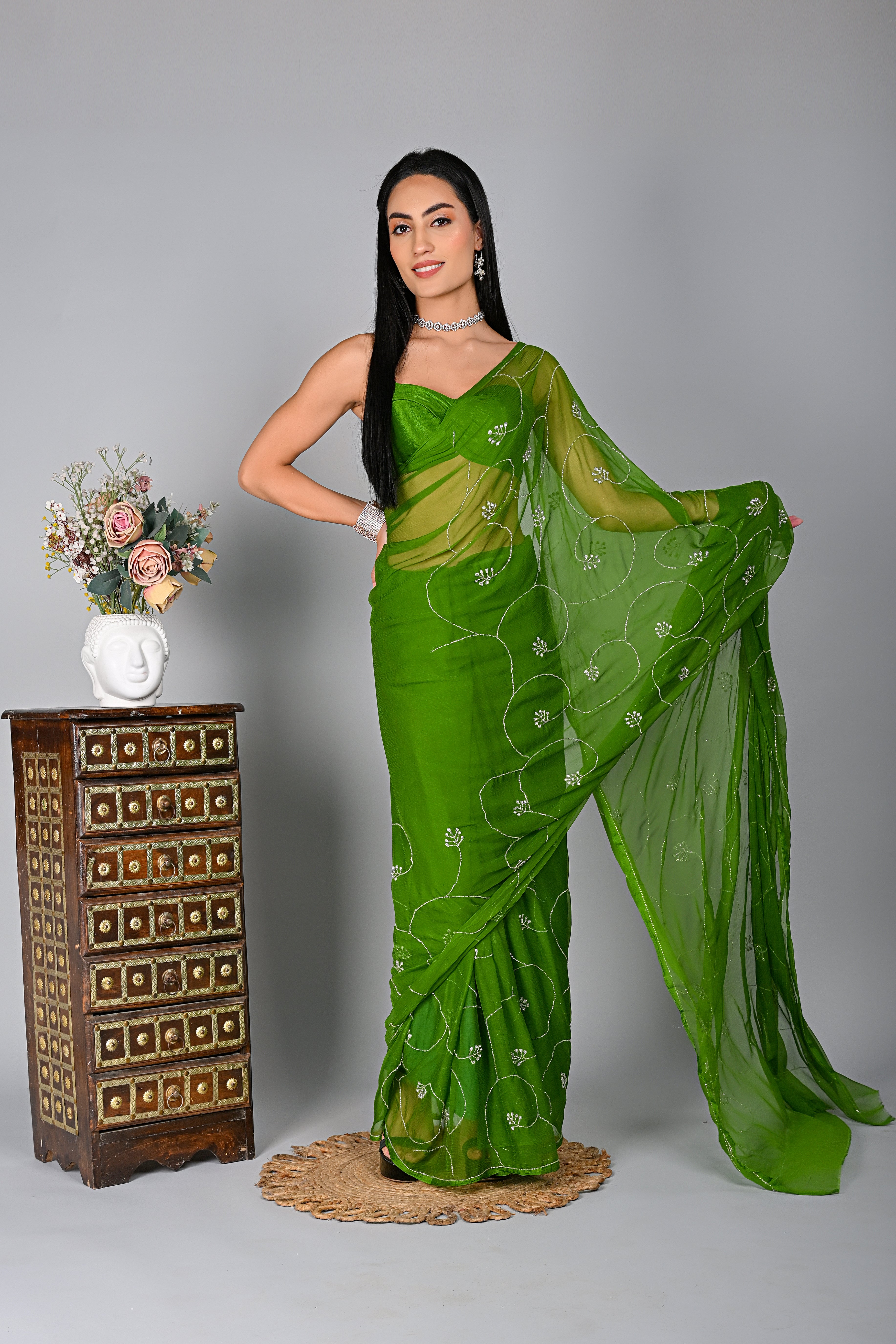 Lush Green Embellished Chiffon Saree