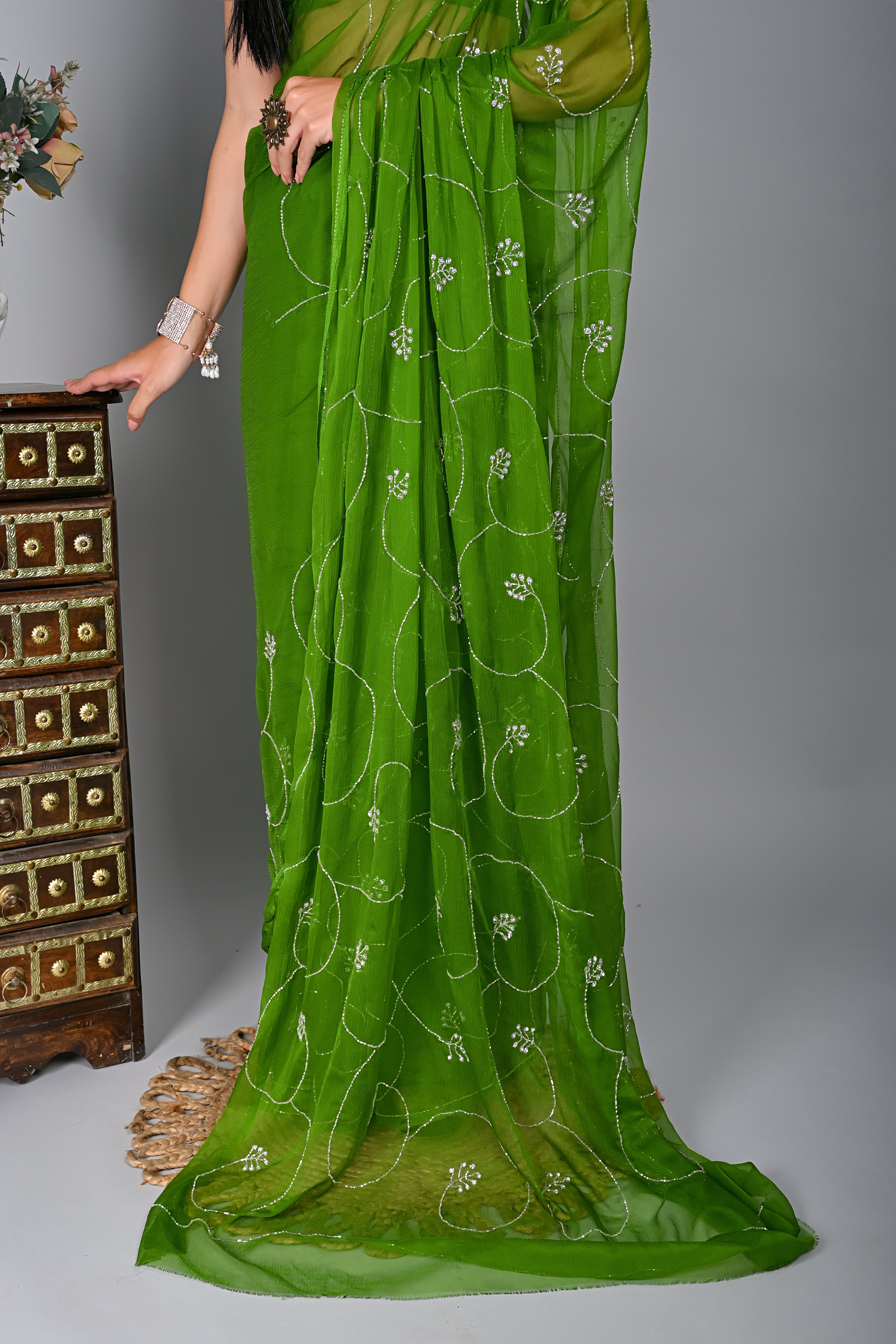 Lush Green Embellished Chiffon Saree