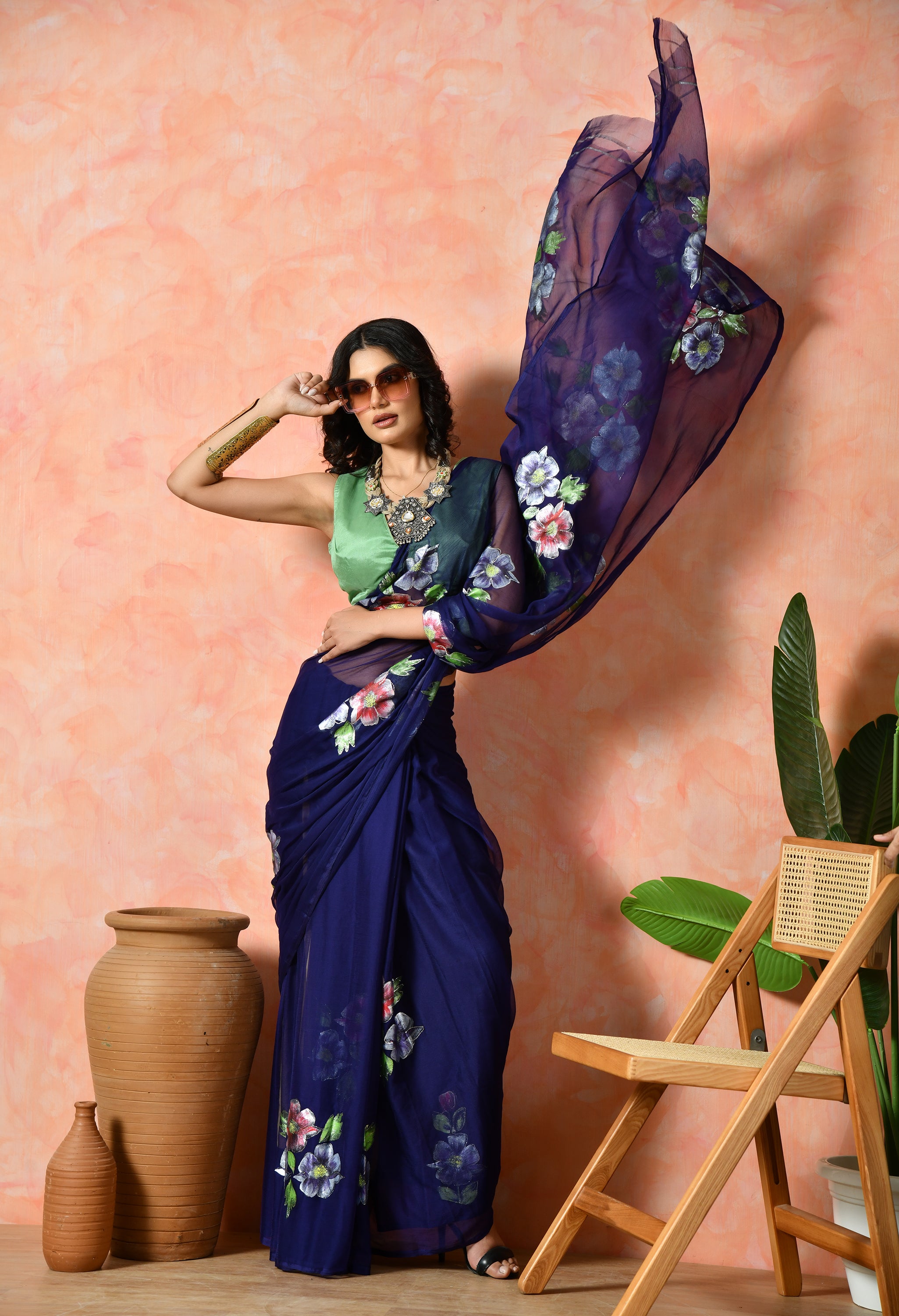 Cool Bluey Hand Painted Chiffon Saree