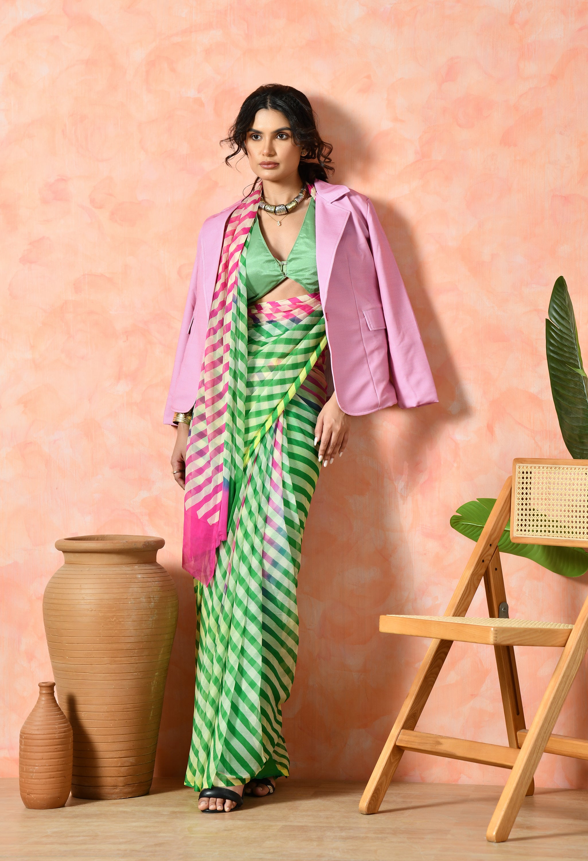 Fern Green Tie & Dye Leheriya Chiffon Saree
