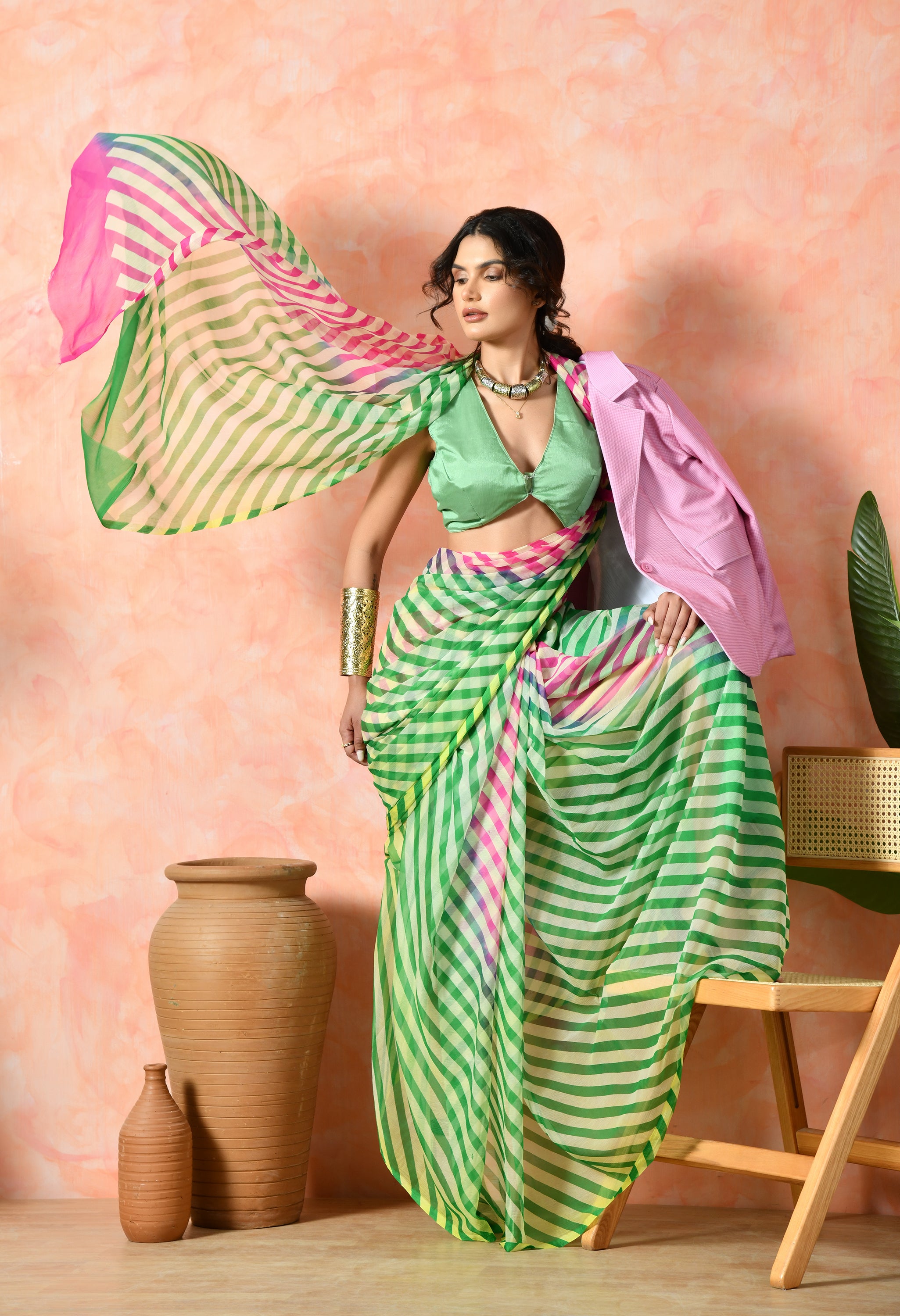 Fern Green Tie & Dye Leheriya Chiffon Saree