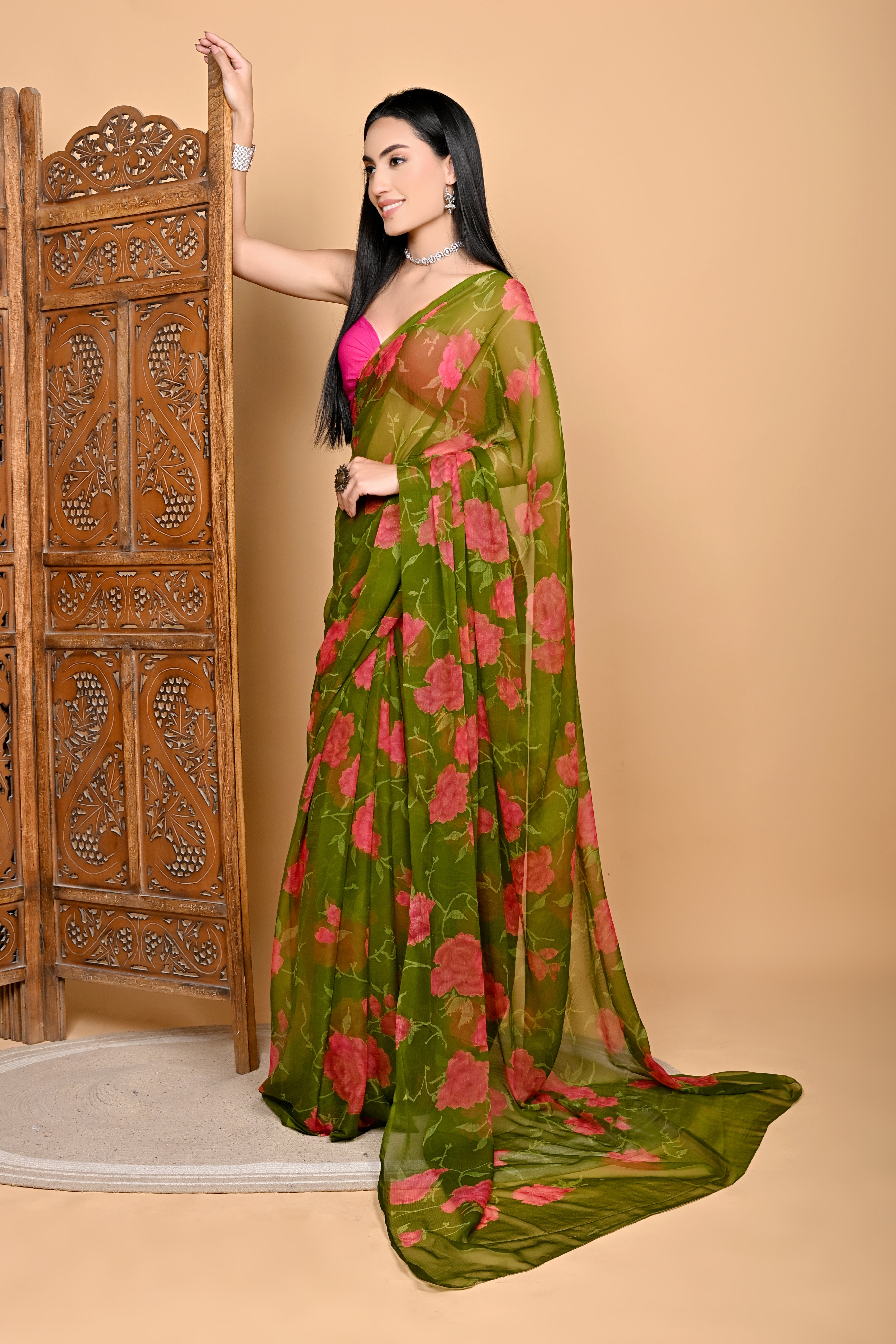 Olive Grace Floral Chiffon Saree