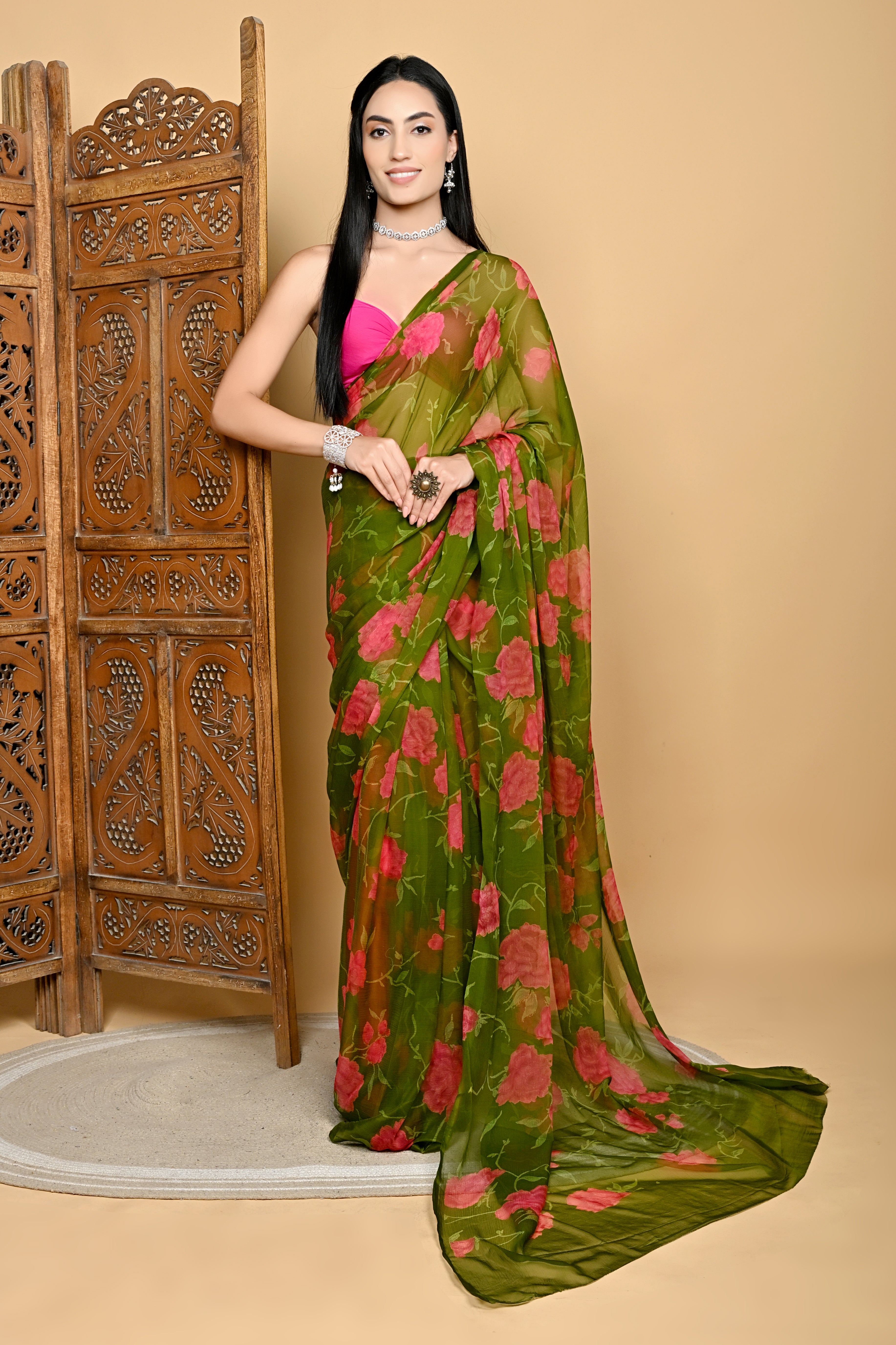 Olive Grace Floral Chiffon Saree