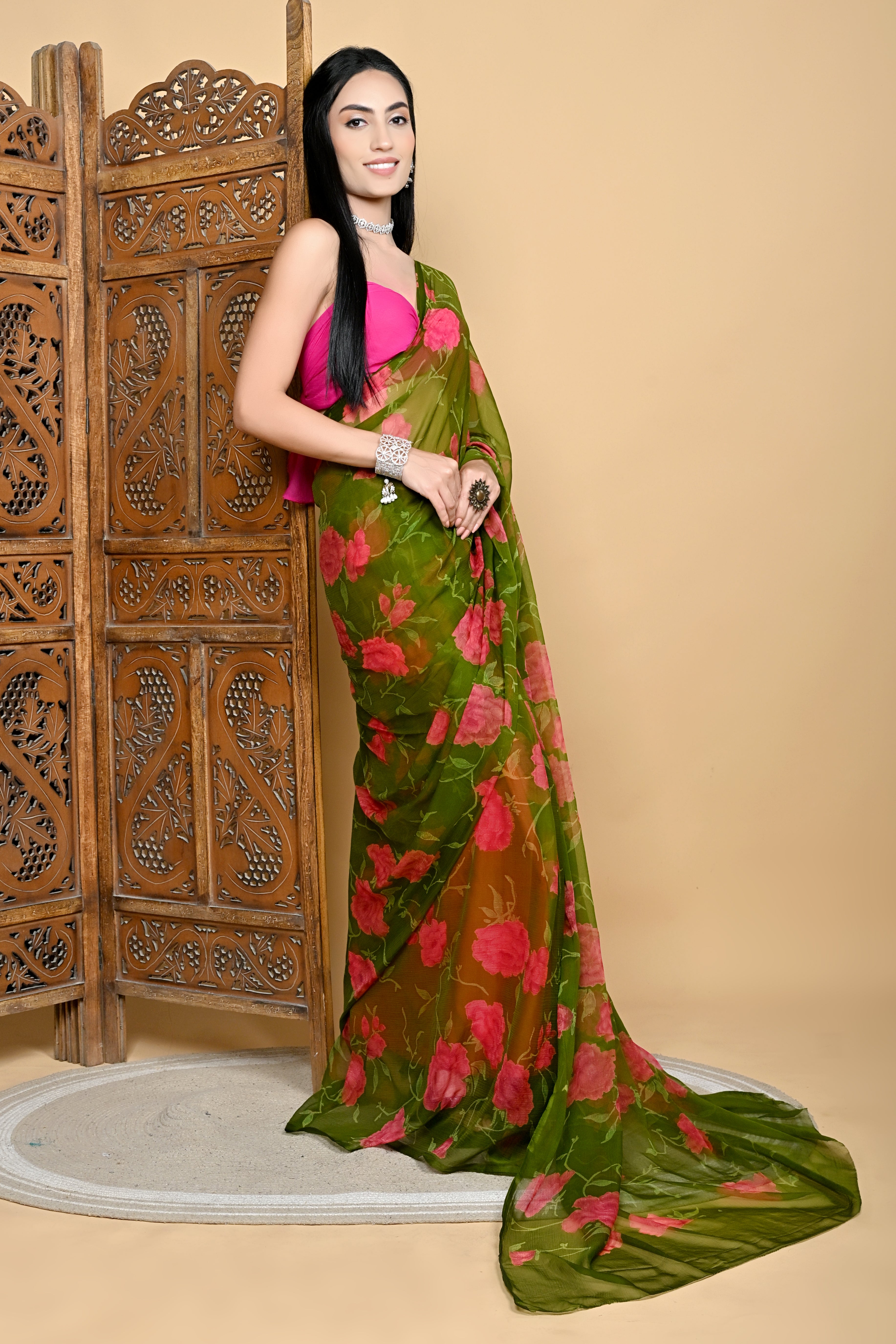 Olive Grace Floral Chiffon Saree