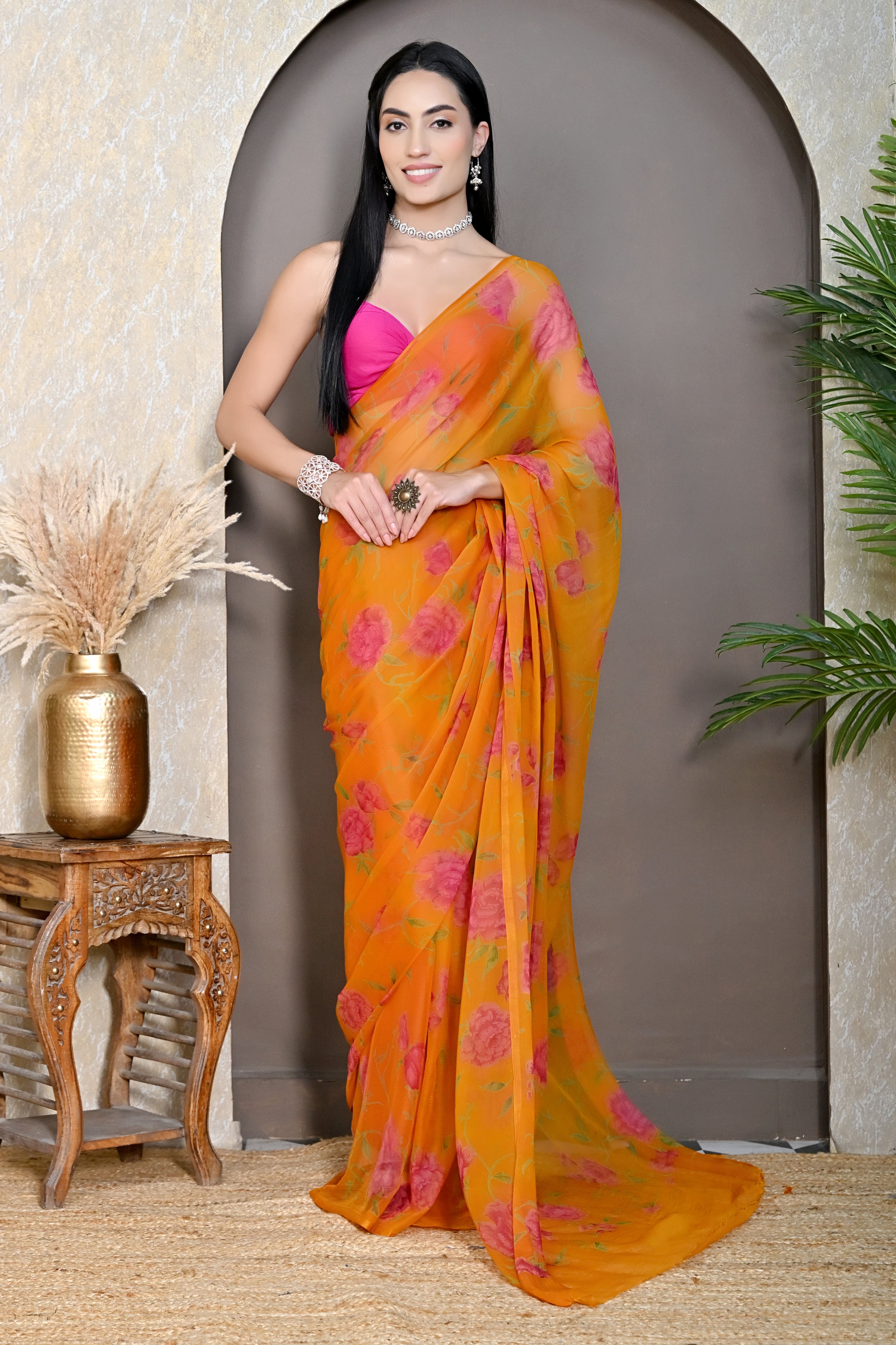 Mustard Floral Printed Chiffon Saree