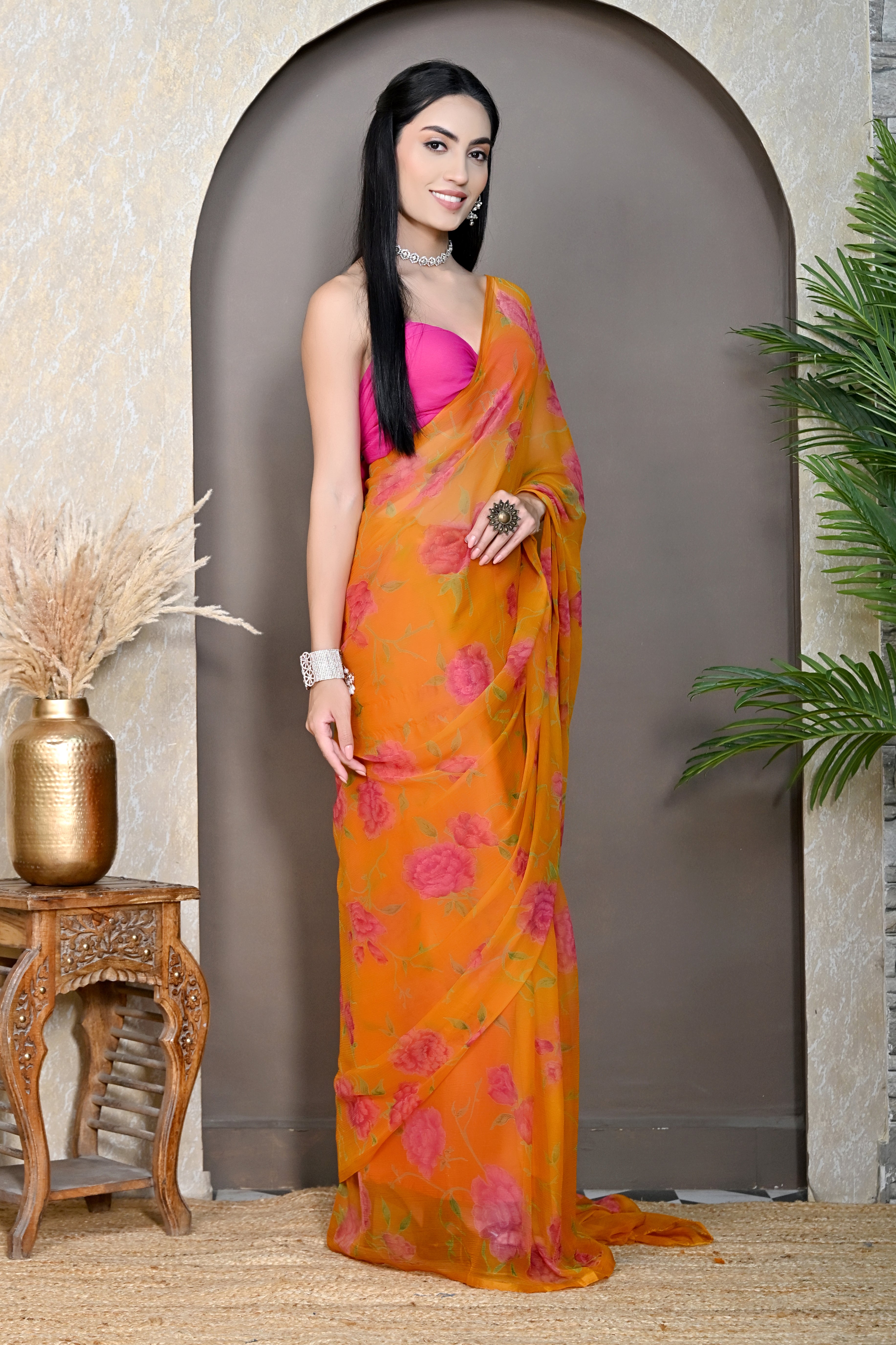 Mustard Floral Printed Chiffon Saree