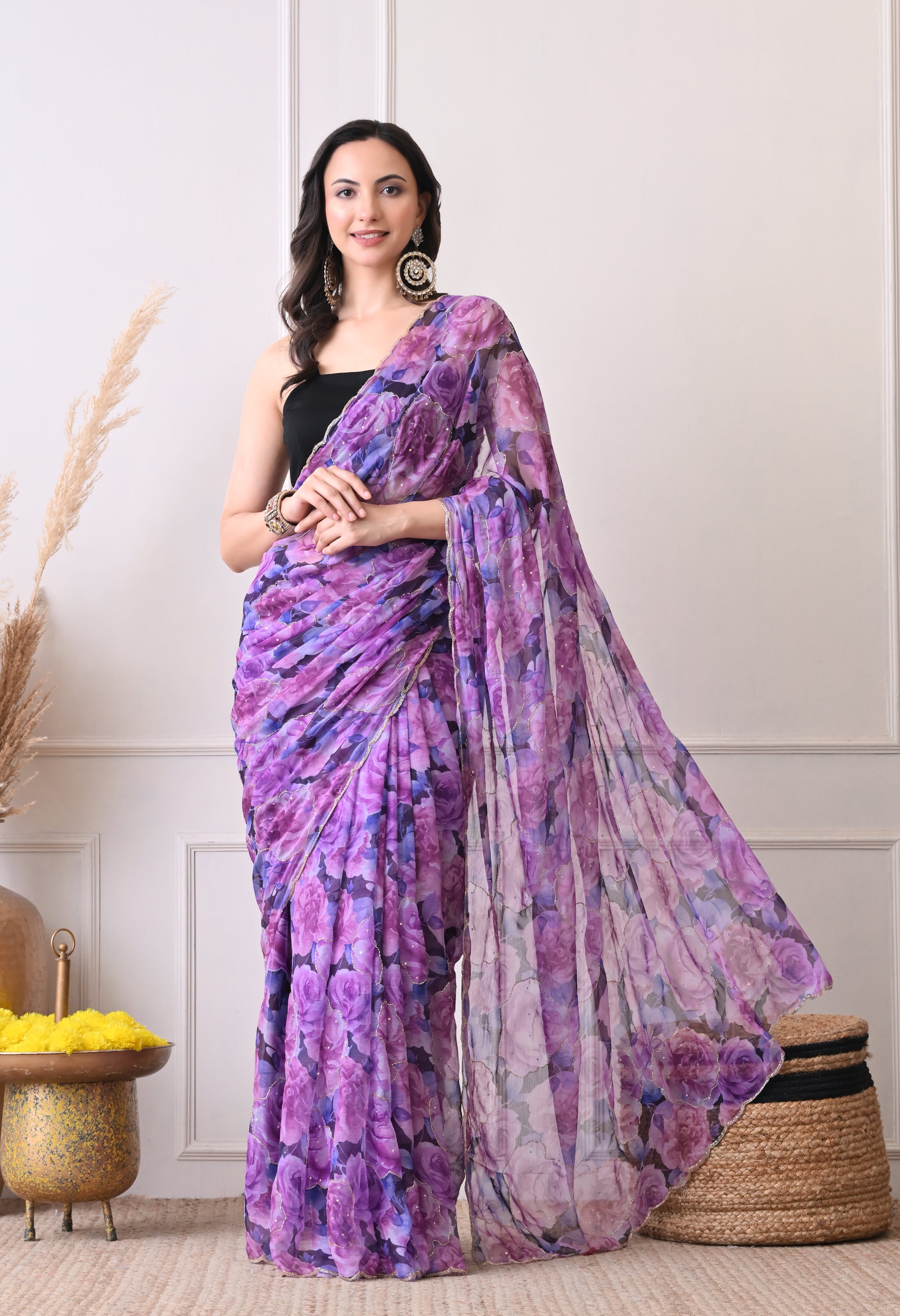 Digital Printed Purple Chiffon Saree