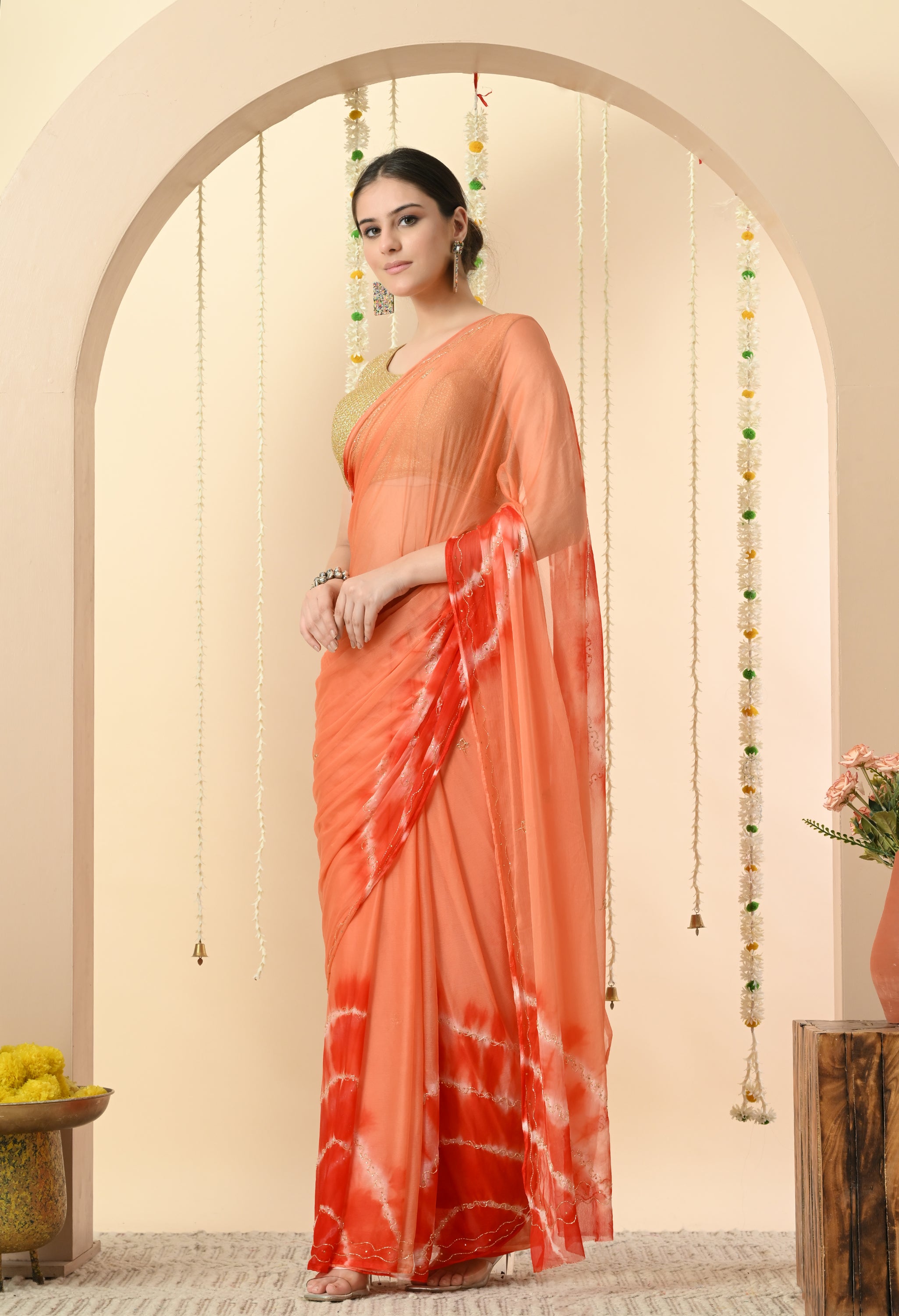 Albeli Sunset Orange Tie & Dye Chiffon Saree
