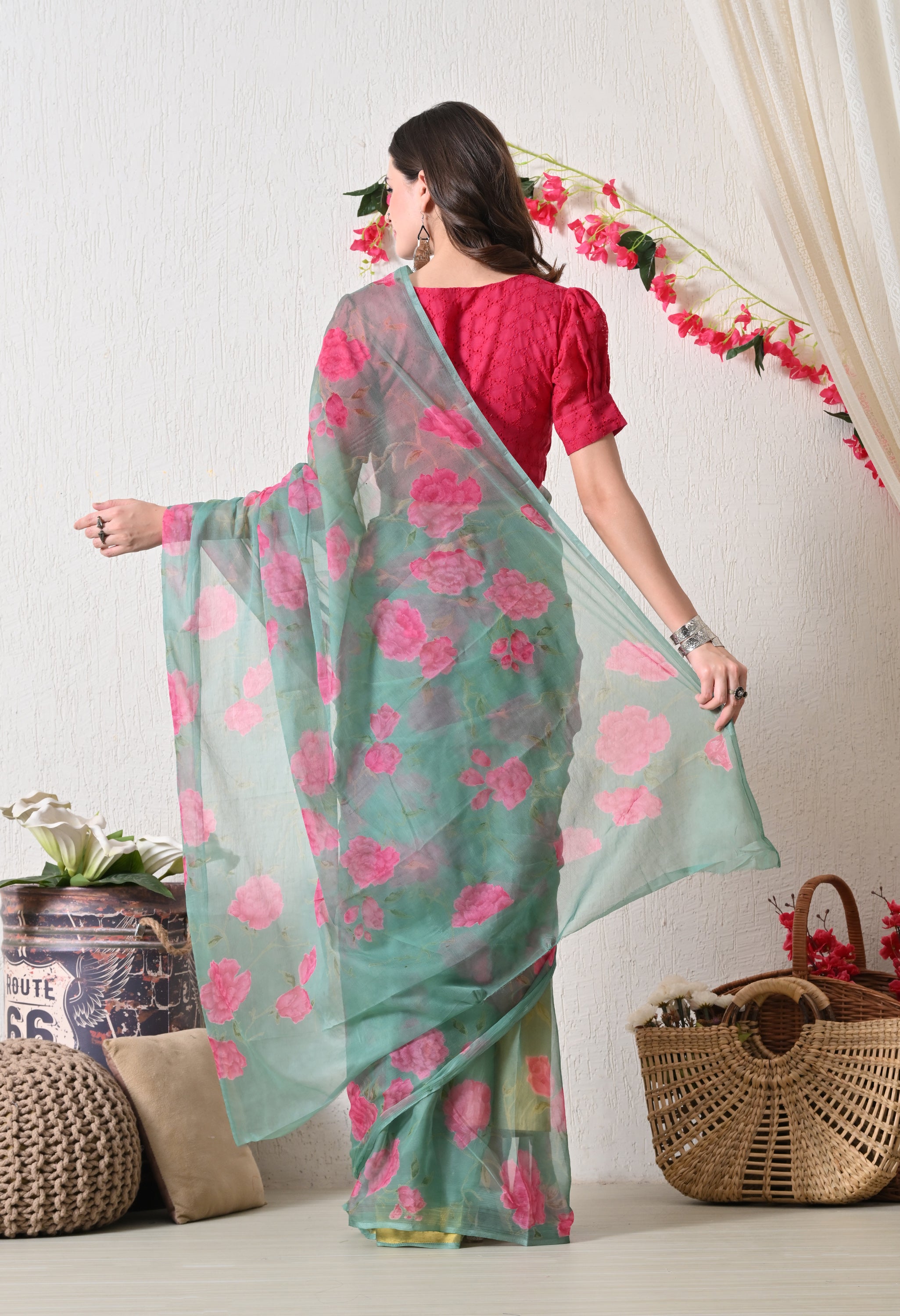 Fountain Green Floral Printed Chiffon Saree
