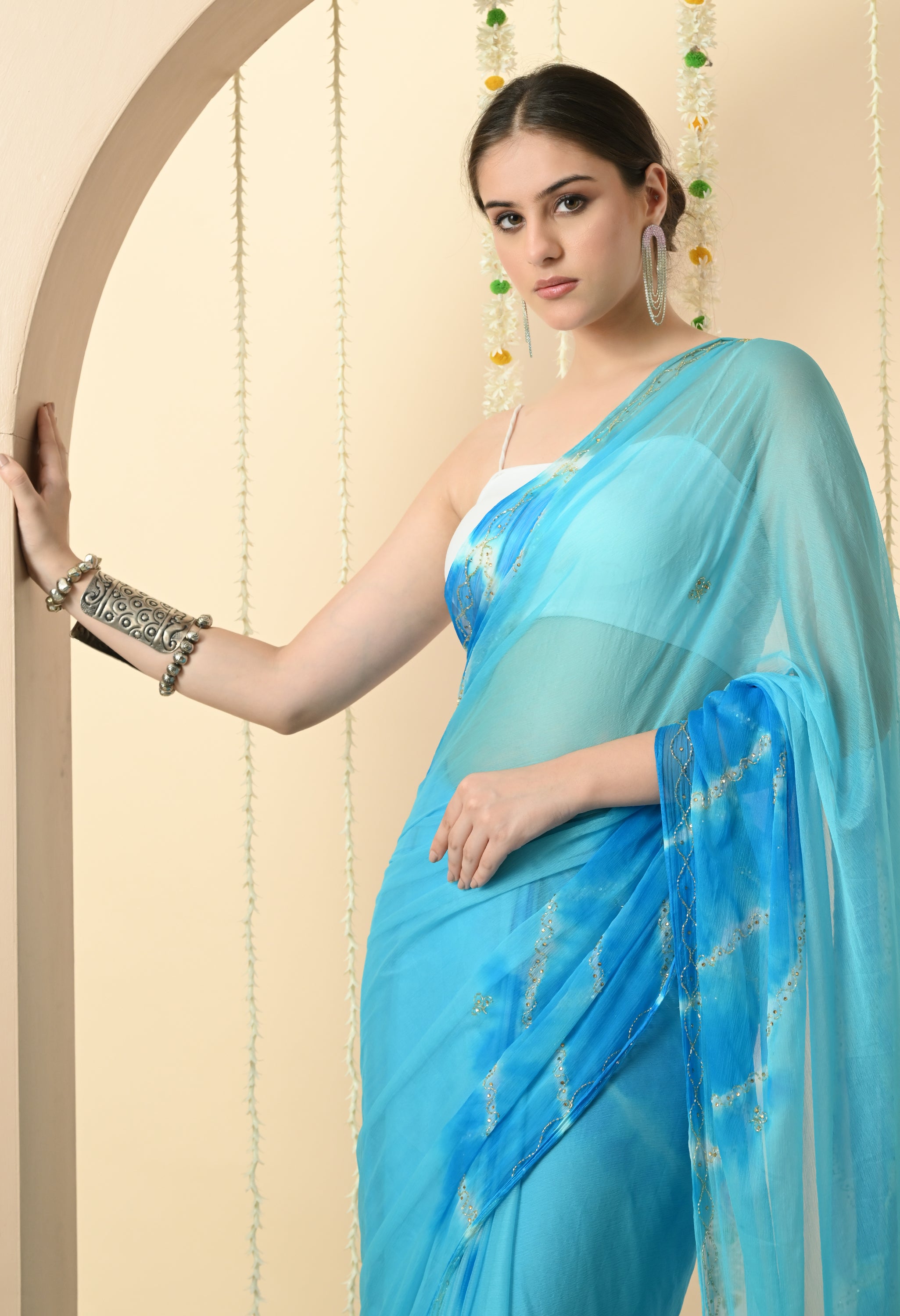 Albeli Aqua Firozi Tie & Dye Chiffon Saree