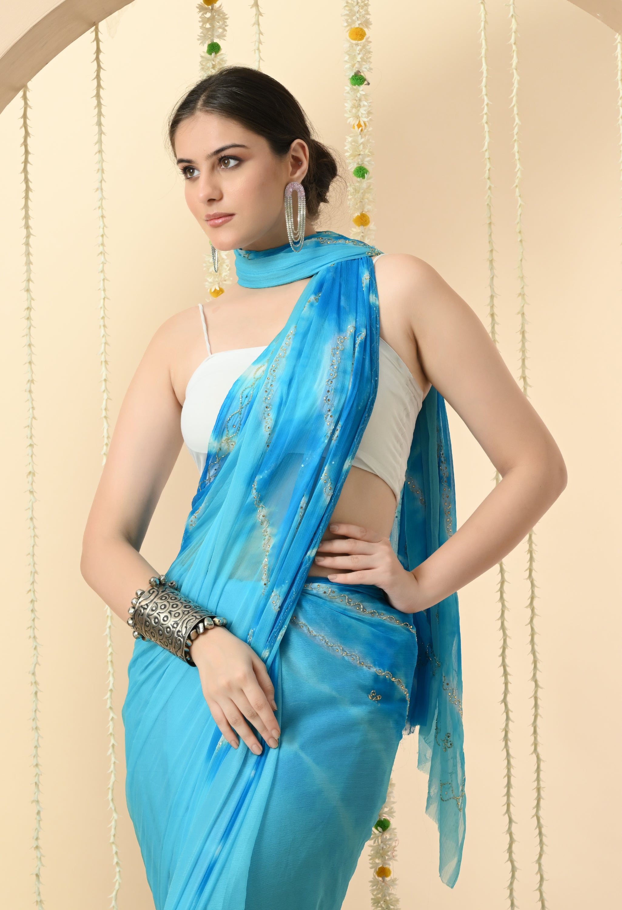 Albeli Aqua Firozi Tie & Dye Chiffon Saree