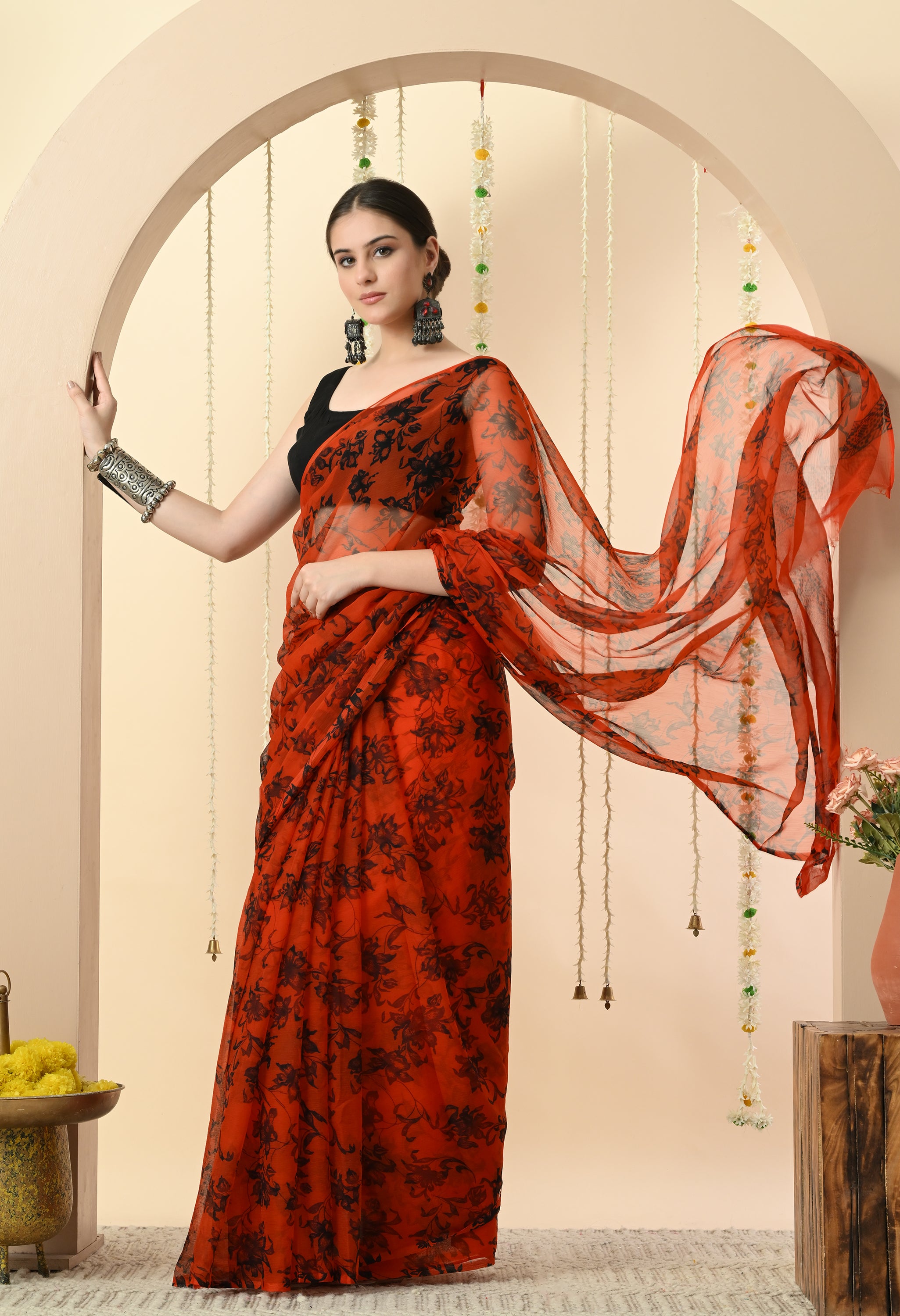 Printed Orange Chiffon Saree