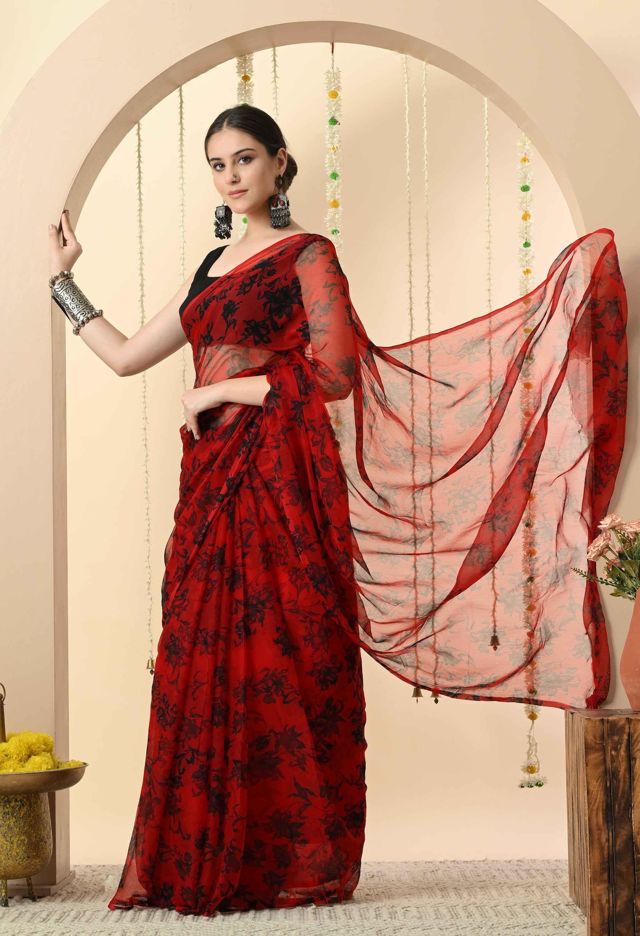 Printed Red Chiffon Saree