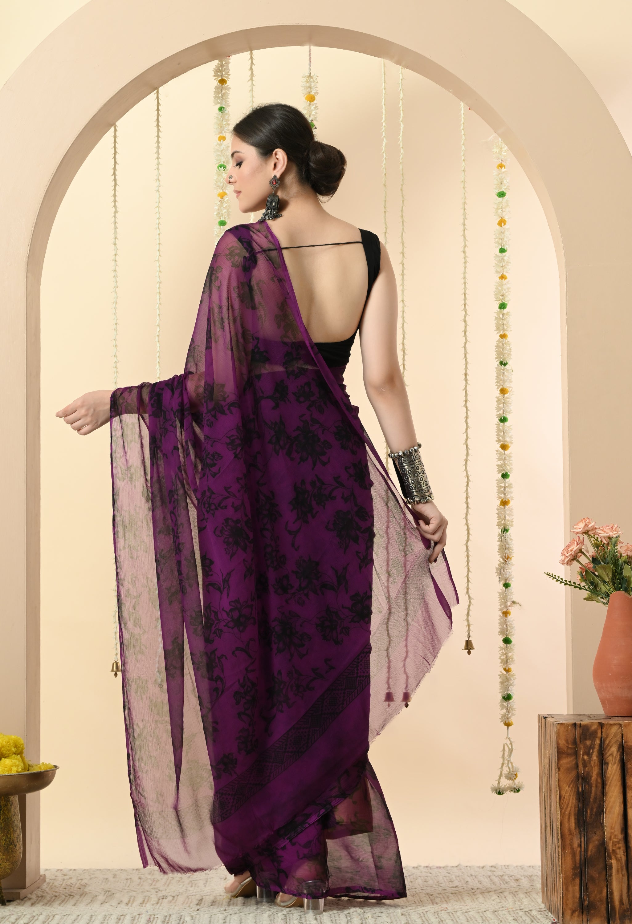 Printed Purple Chiffon Saree