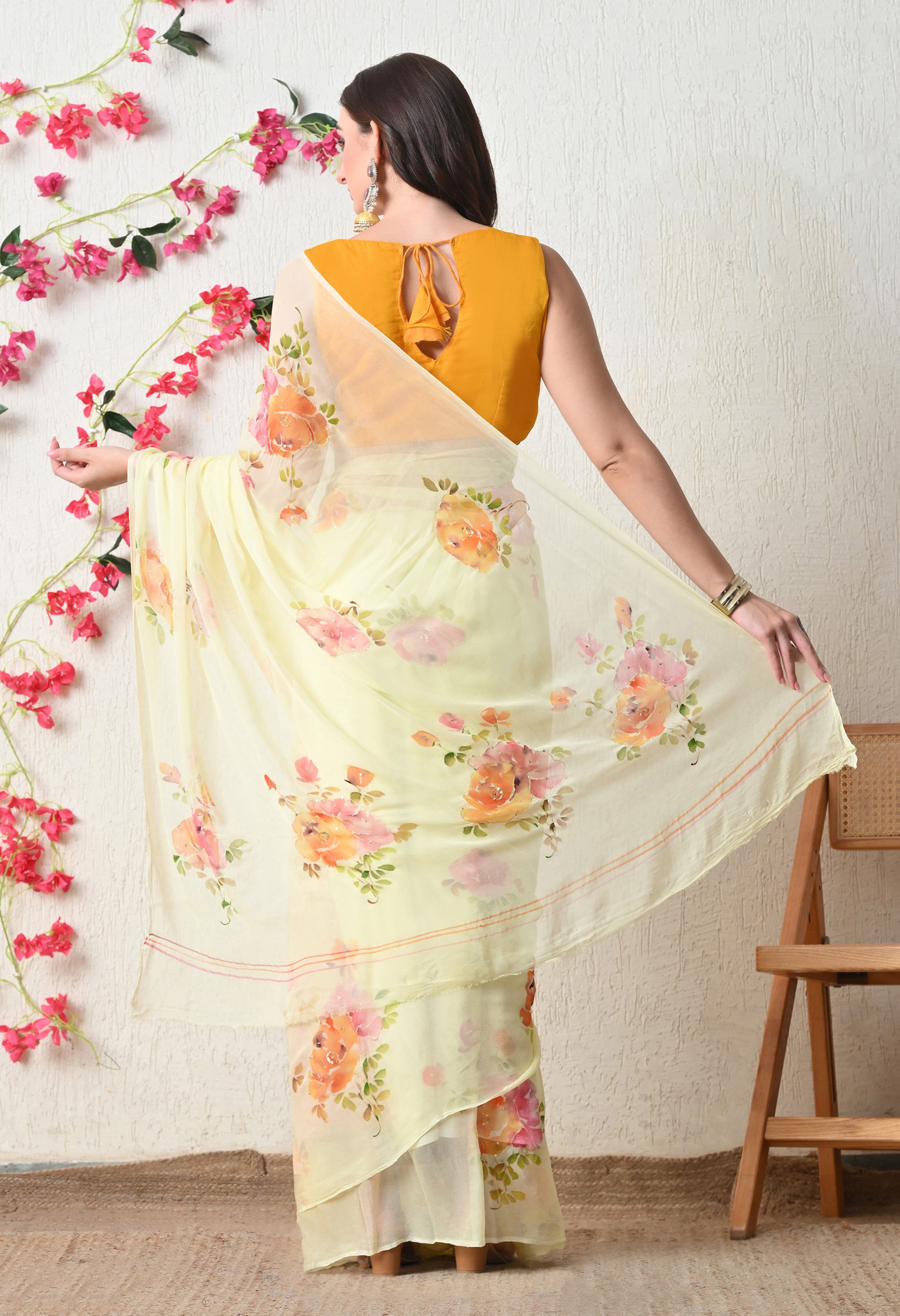 Sunlit Bloom Handpainted Pure Chiffon Saree