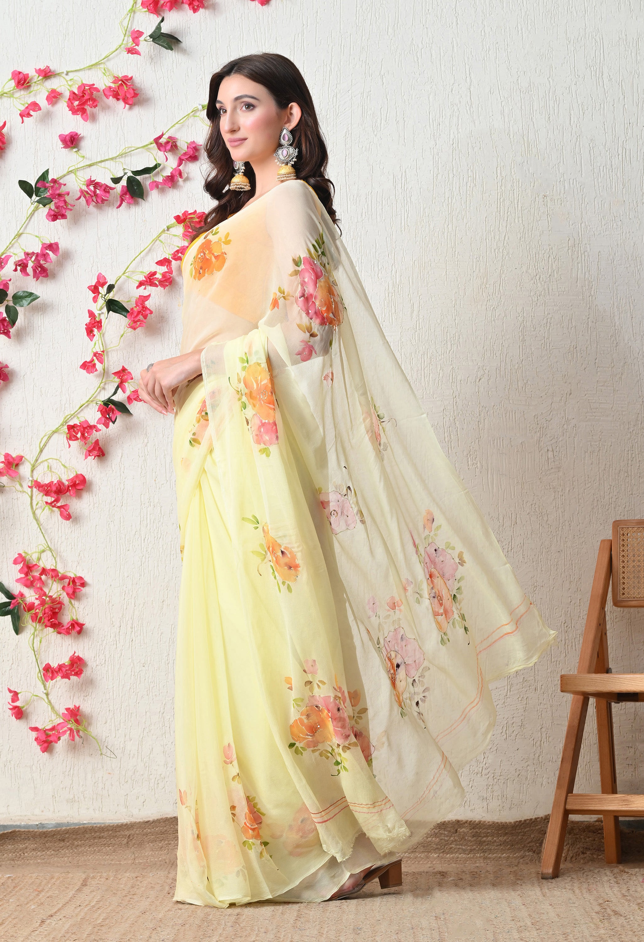 Sunlit Bloom Handpainted Pure Chiffon Saree