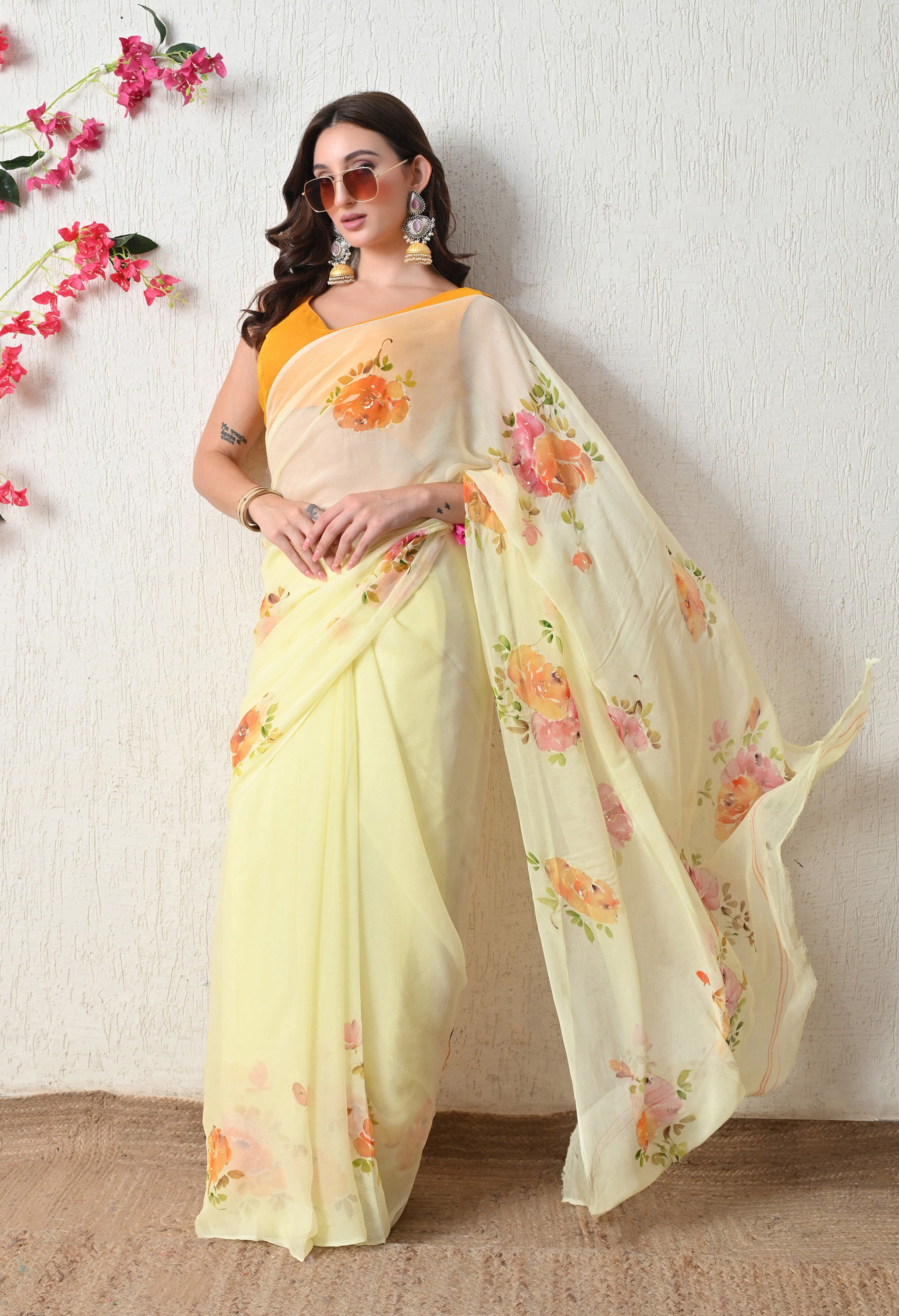 Sunlit Bloom Handpainted Pure Chiffon Saree