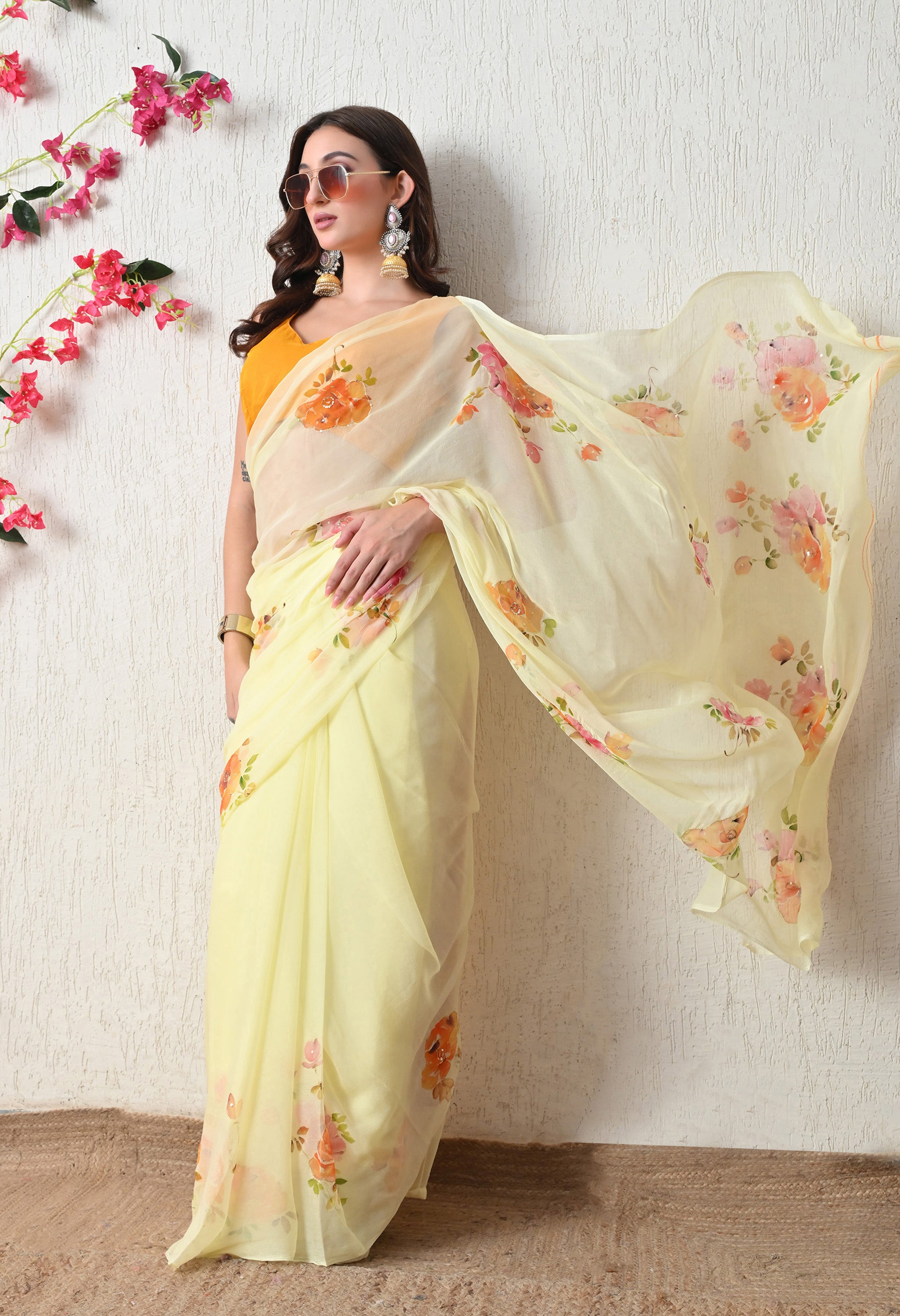 Sunlit Bloom Handpainted Pure Chiffon Saree