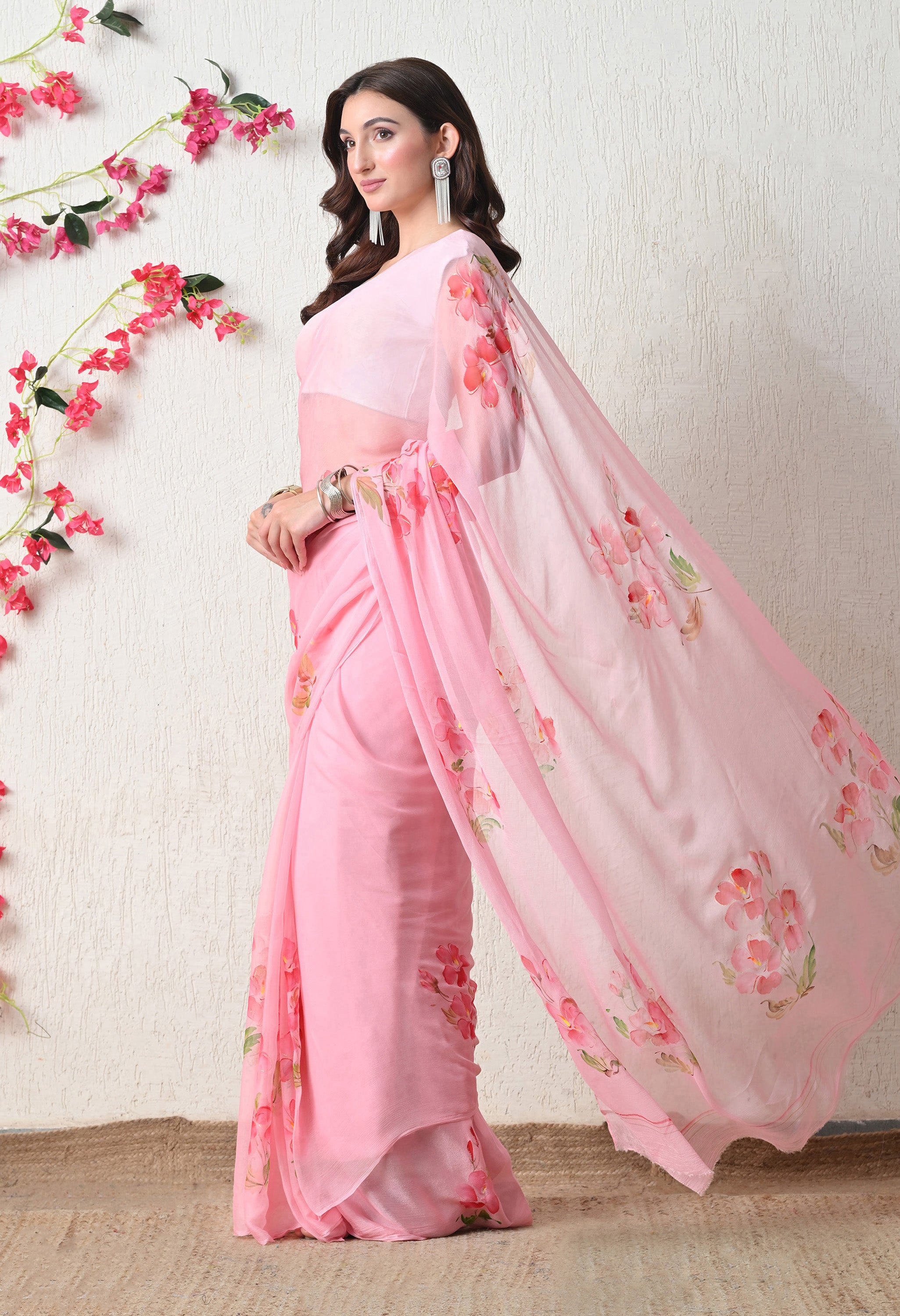 Blush Petal Floral Print Pure Chiffon Saree