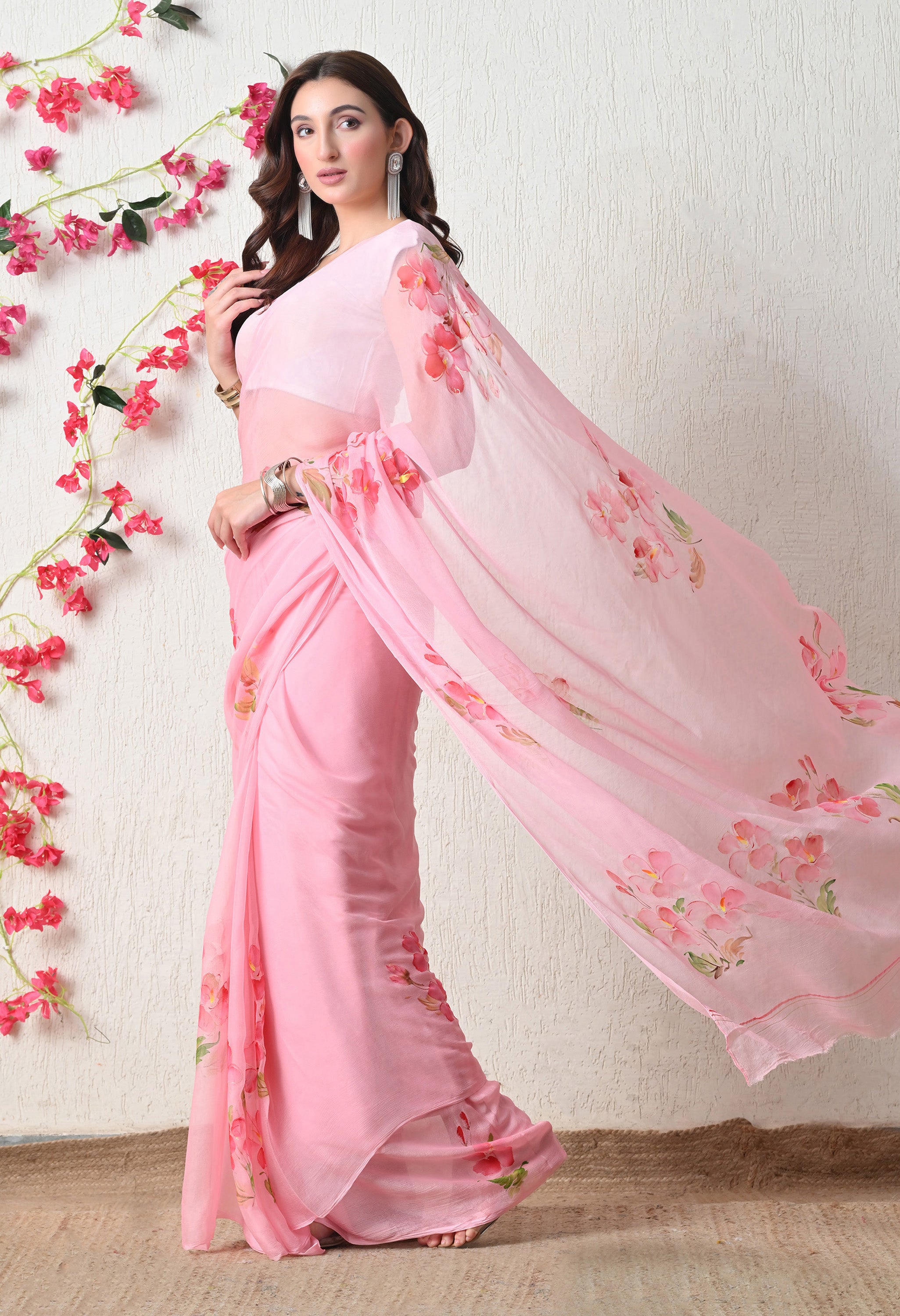 Blush Petal Floral Print Pure Chiffon Saree