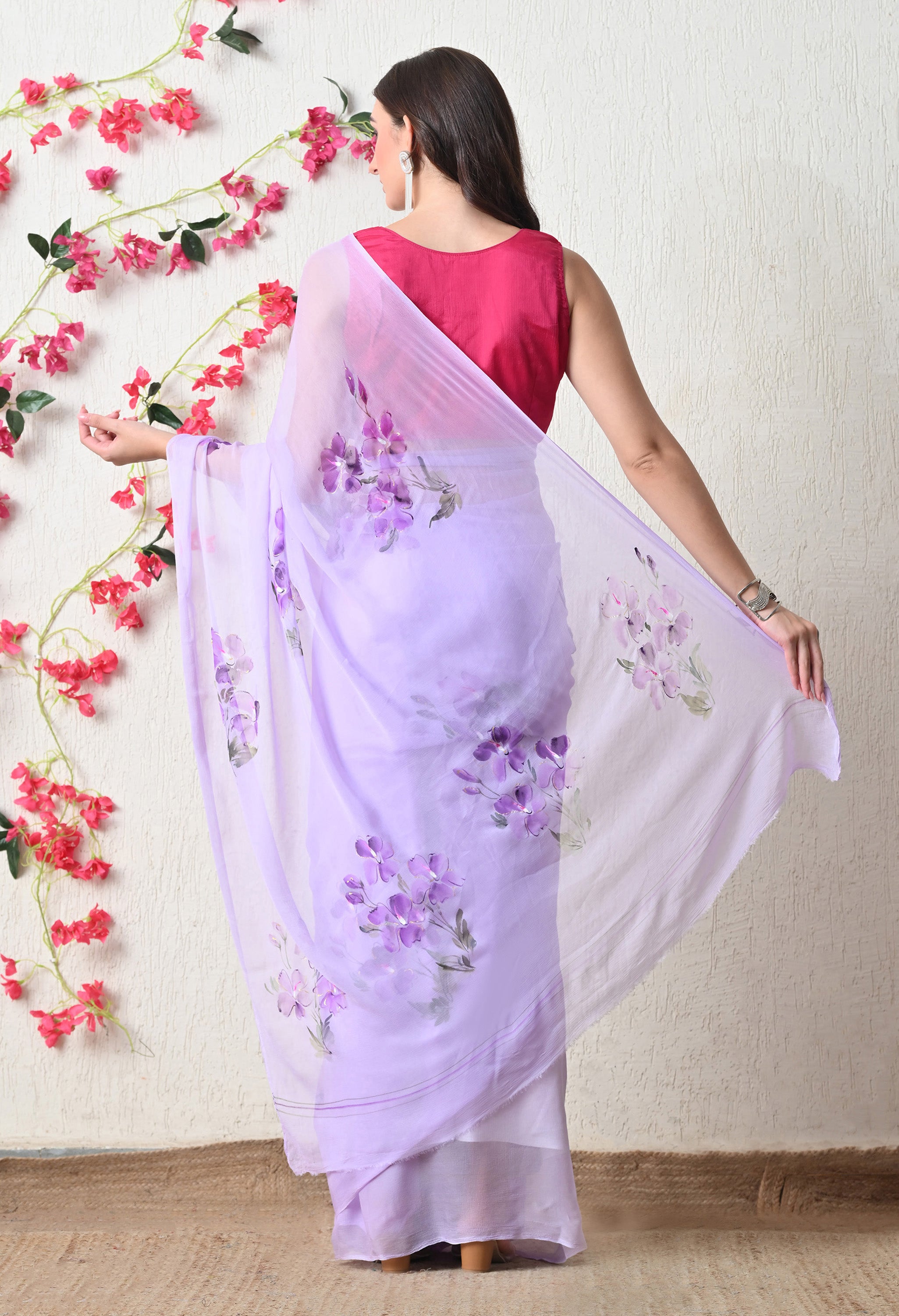 Lavender Brushstroke Pure Chiffon Saree