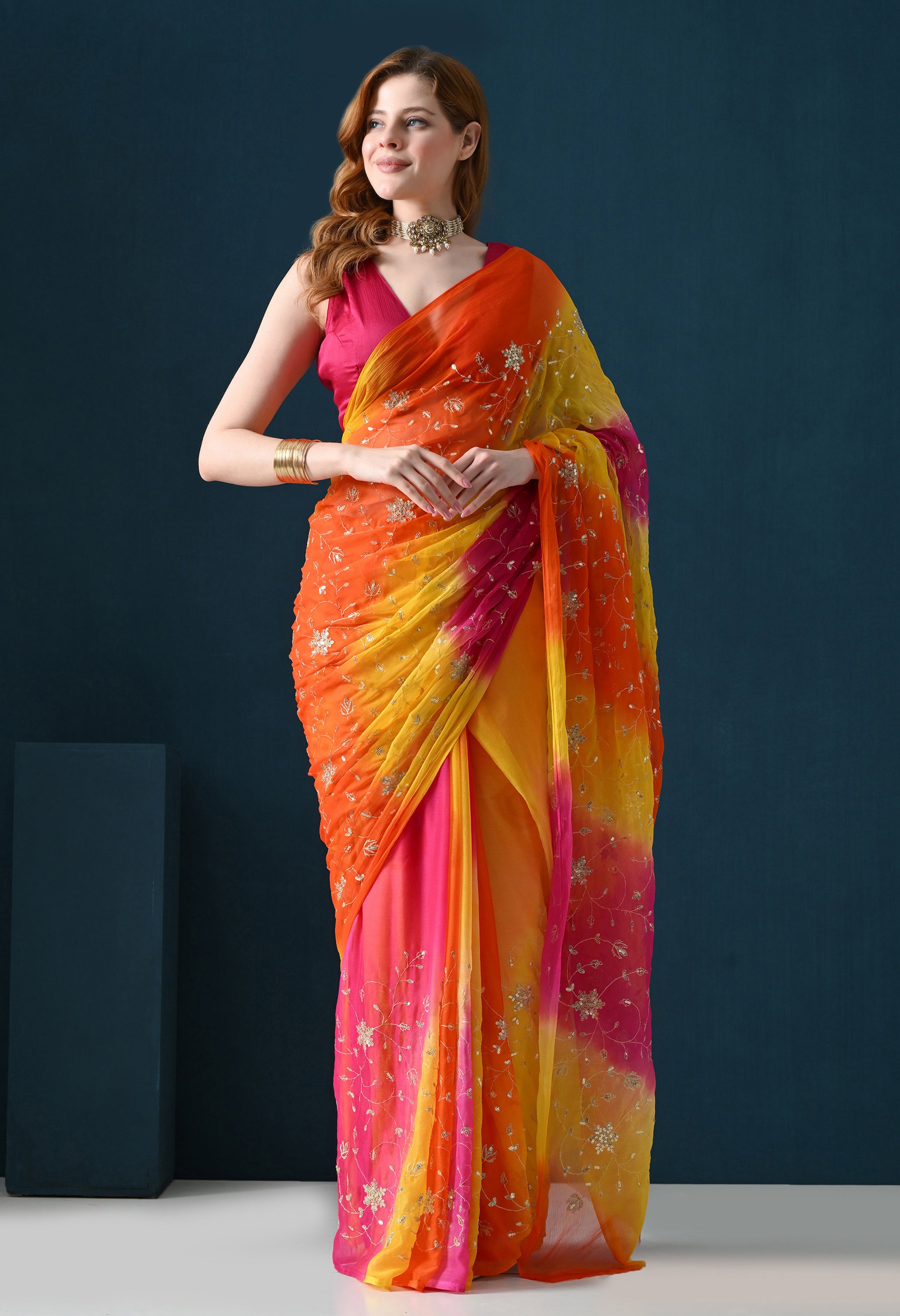 Sundowner Multi Hue Tie & Dye Sequins Jaal Italian Chiffon Saree