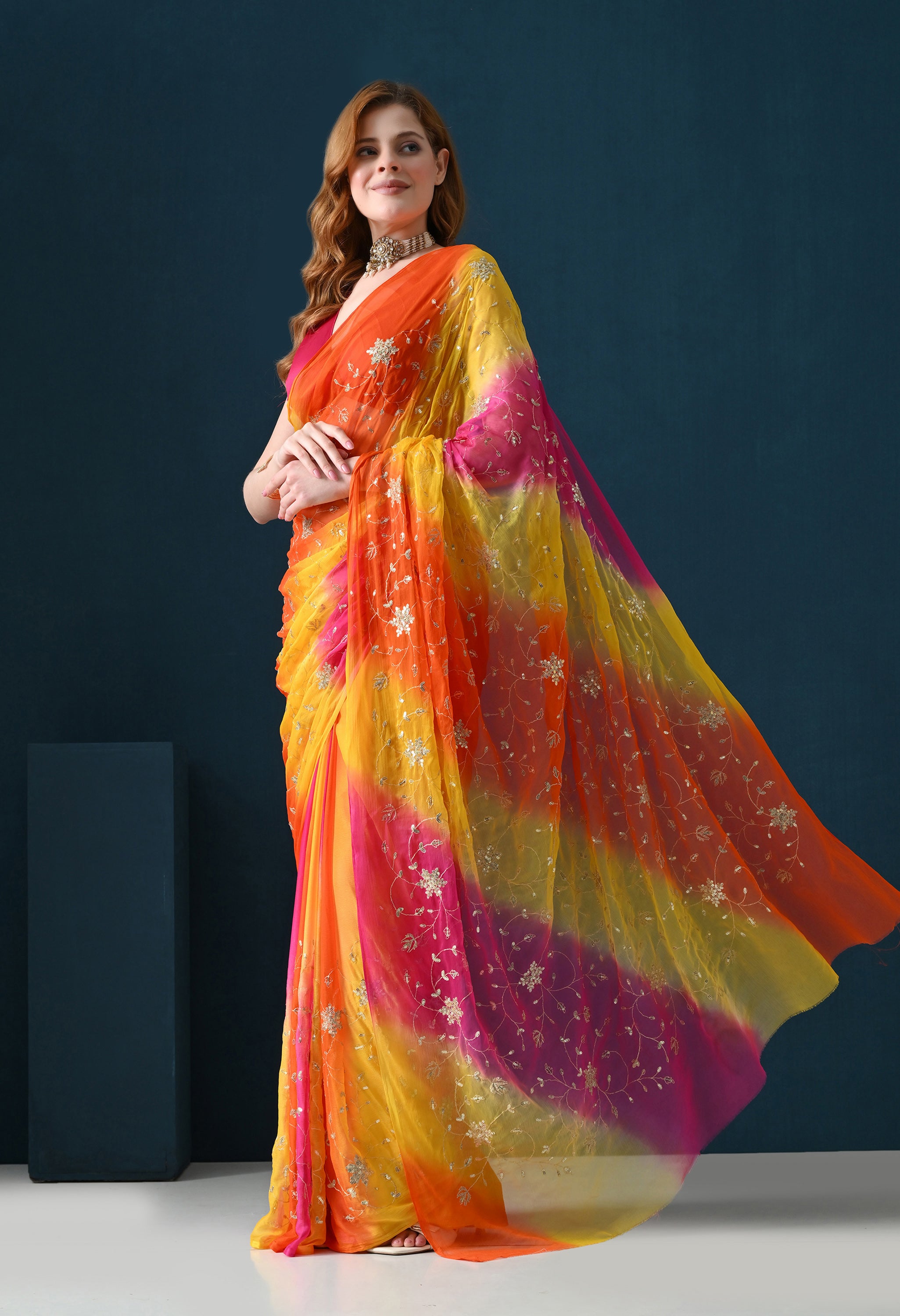 Sundowner Multi Hue Tie & Dye Sequins Jaal Italian Chiffon Saree