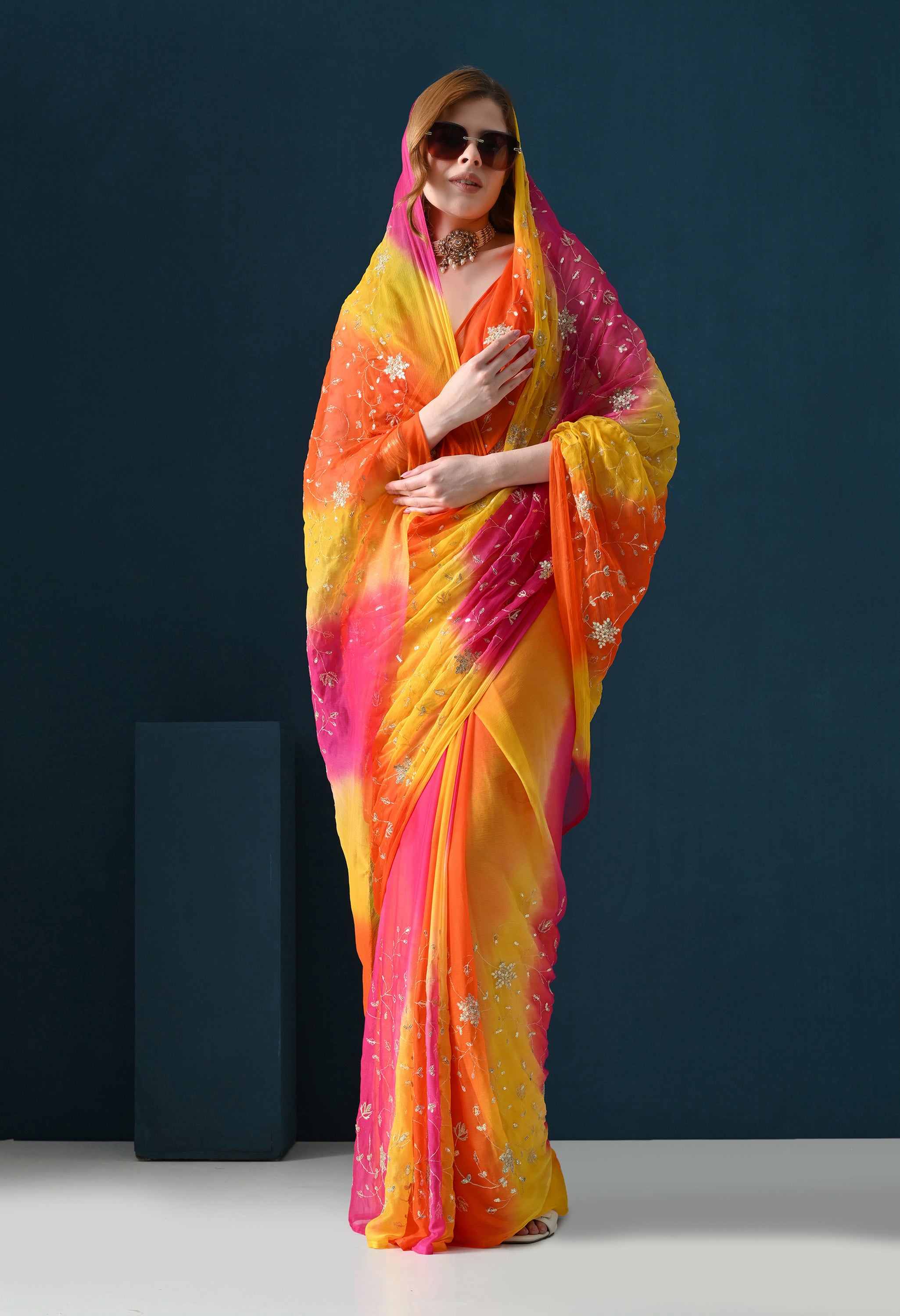 Sundowner Multi Hue Tie & Dye Sequins Jaal Italian Chiffon Saree