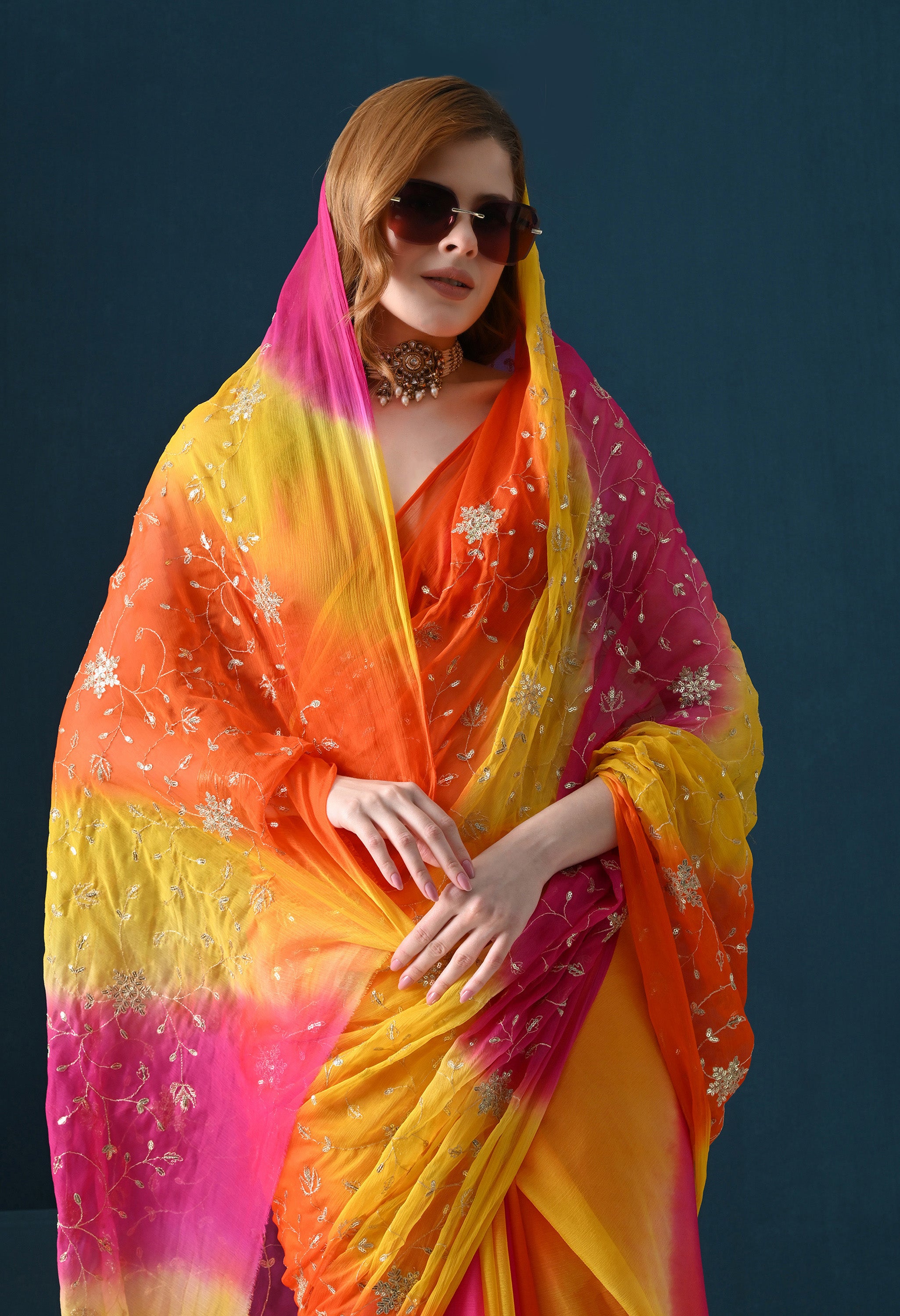 Sundowner Multi Hue Tie & Dye Sequins Jaal Italian Chiffon Saree
