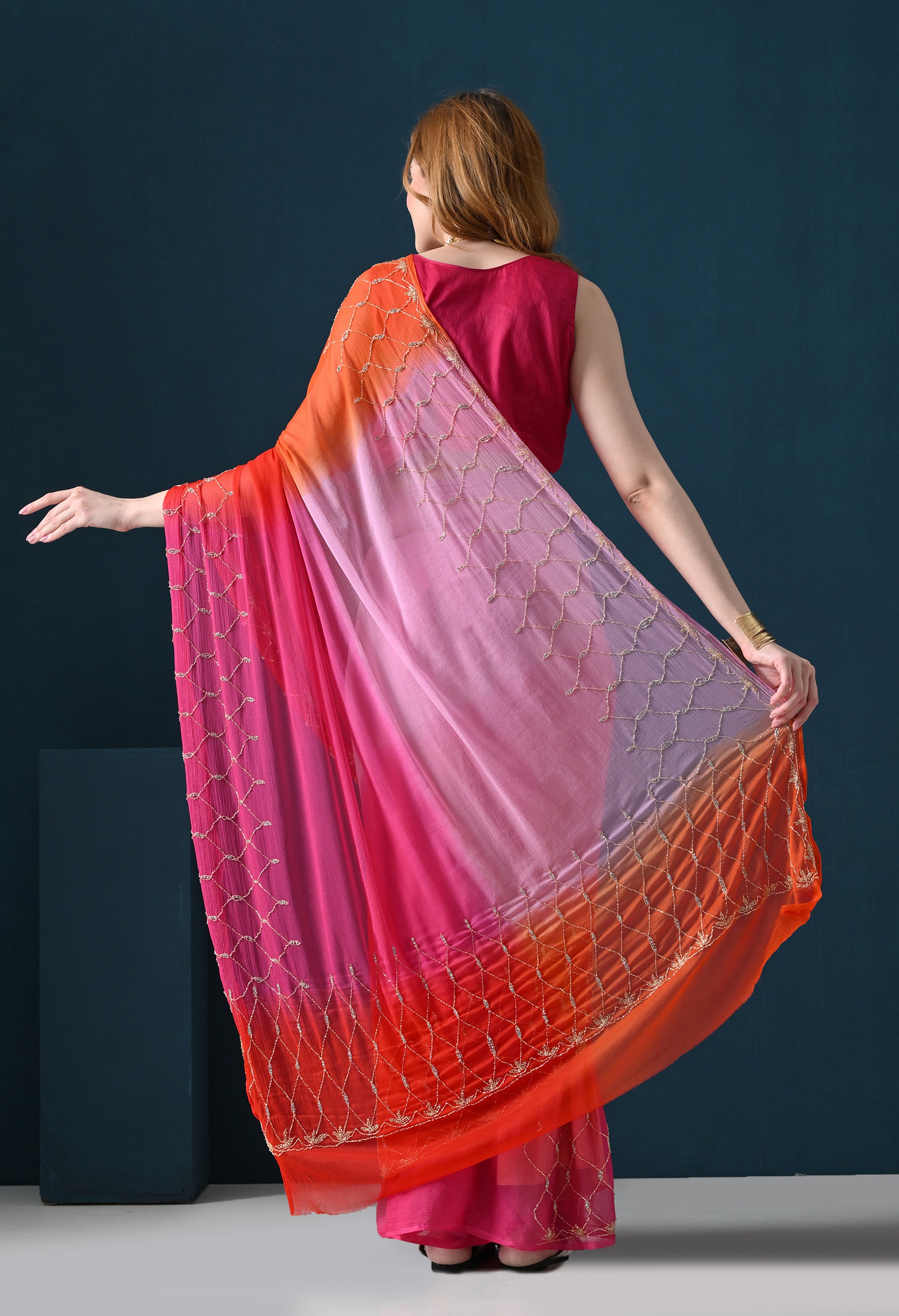 Pink Multi Hue Tie & Dye Cutdana Buta Italian Chiffon Saree