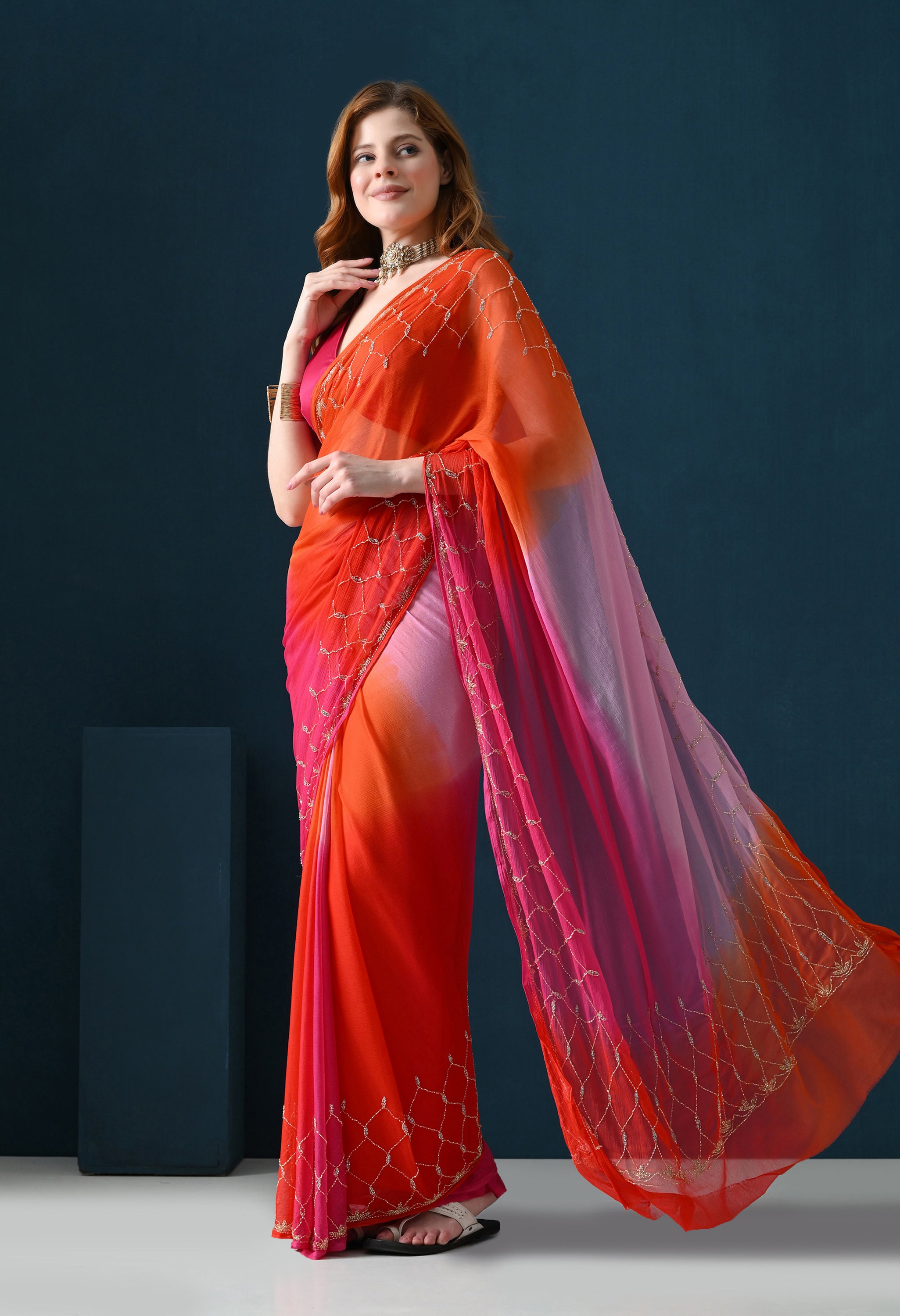 Pink Multi Hue Tie & Dye Cutdana Buta Italian Chiffon Saree