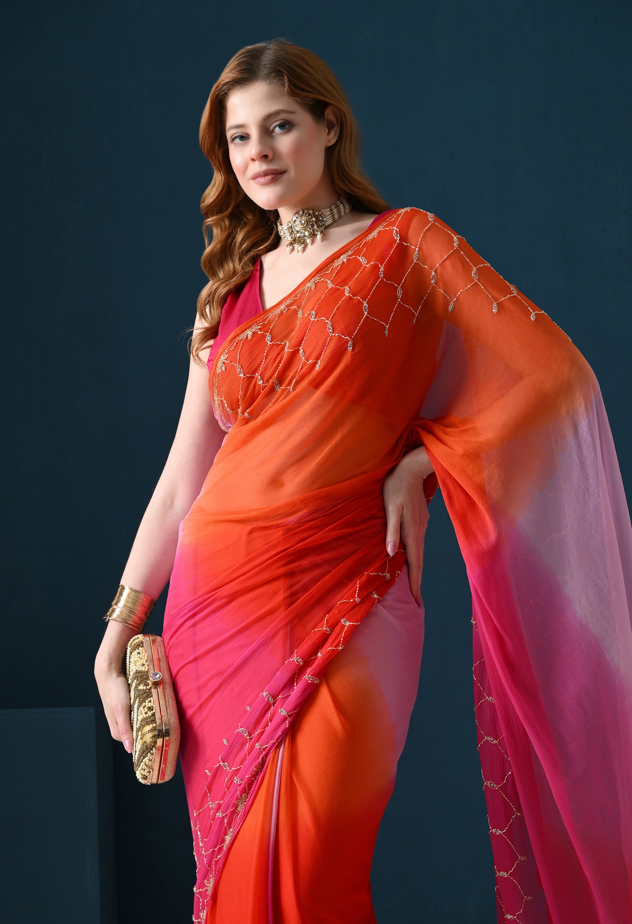 Pink Multi Hue Tie & Dye Cutdana Buta Italian Chiffon Saree