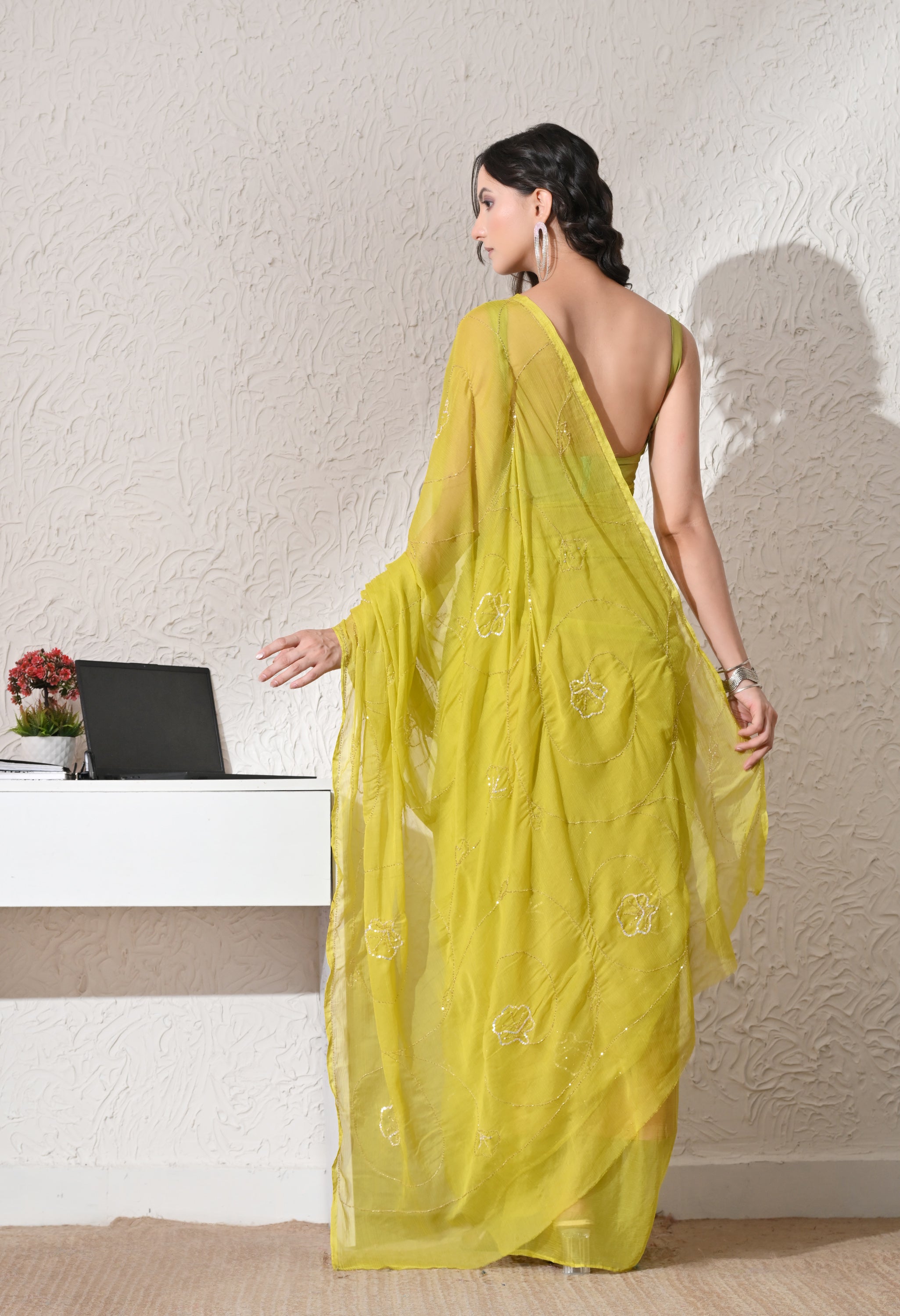 Chartreuse Green Italian Chiffon Jaal Work Saree