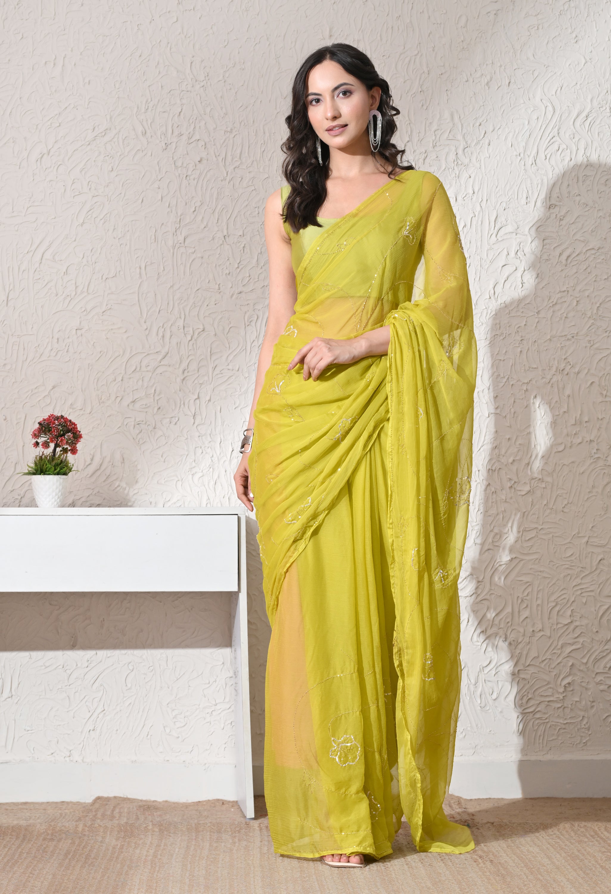Chartreuse Green Italian Chiffon Jaal Work Saree
