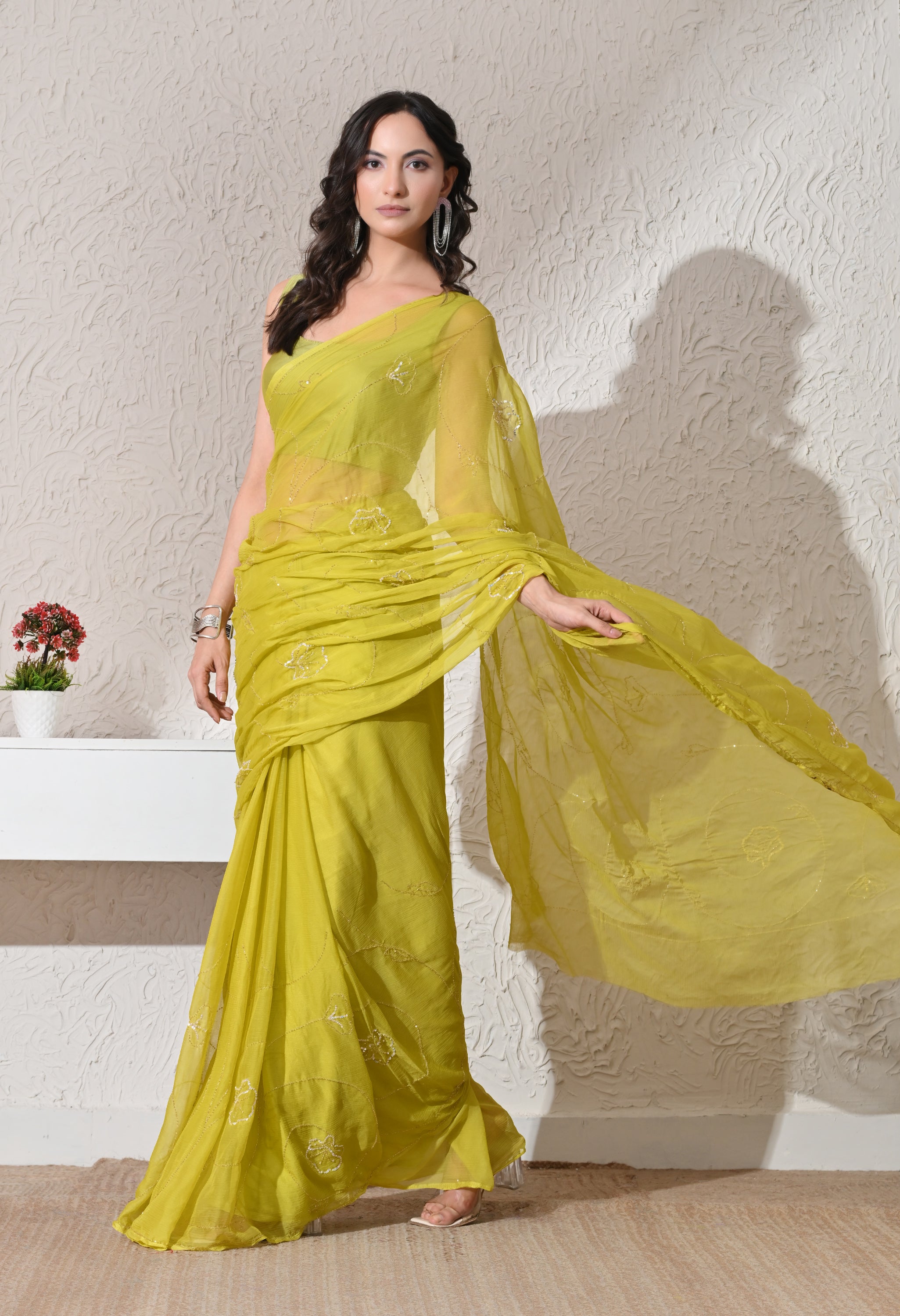 Chartreuse Green Italian Chiffon Jaal Work Saree