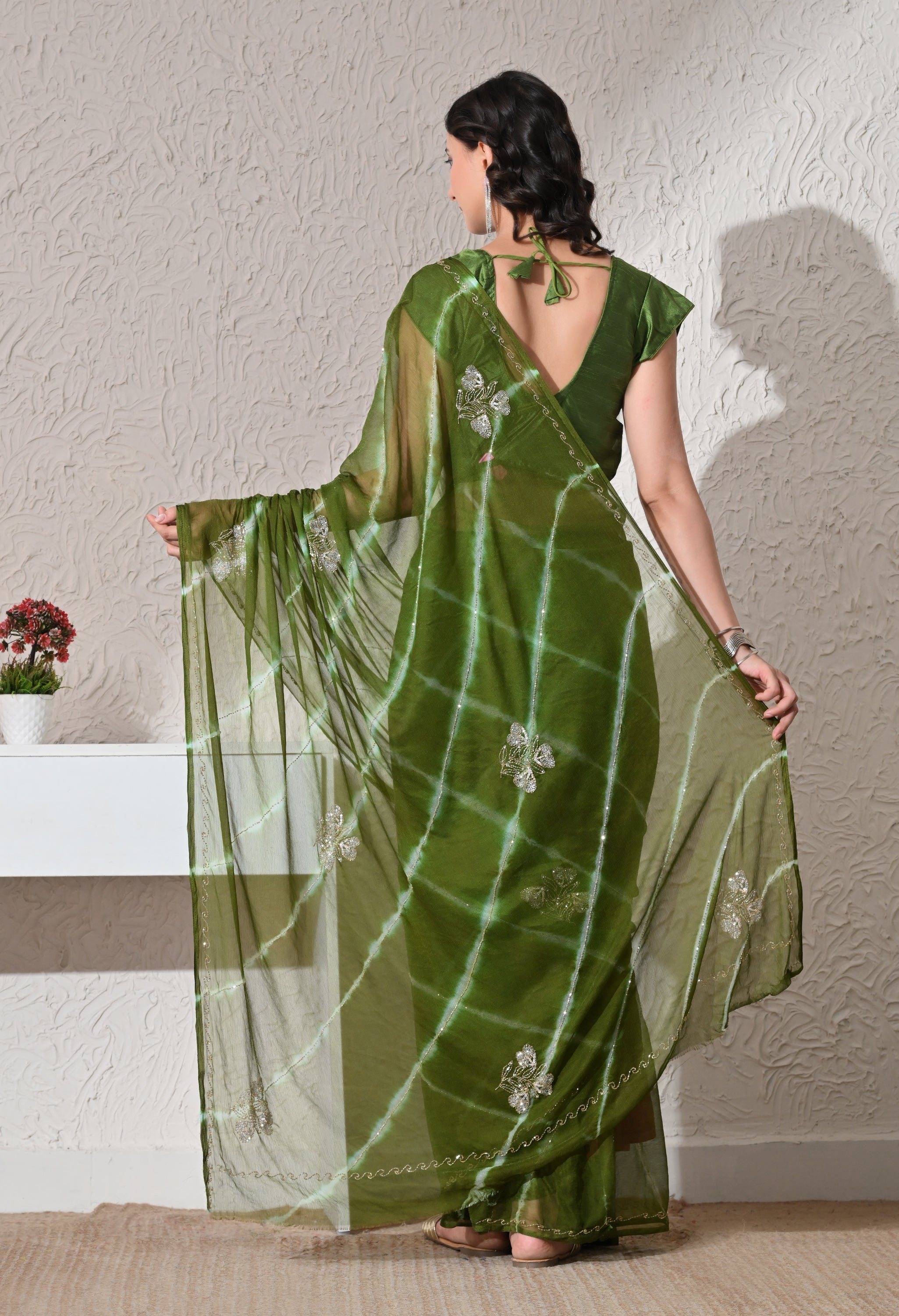 Olive Meadow Italian Chiffon Handcrafted Saree