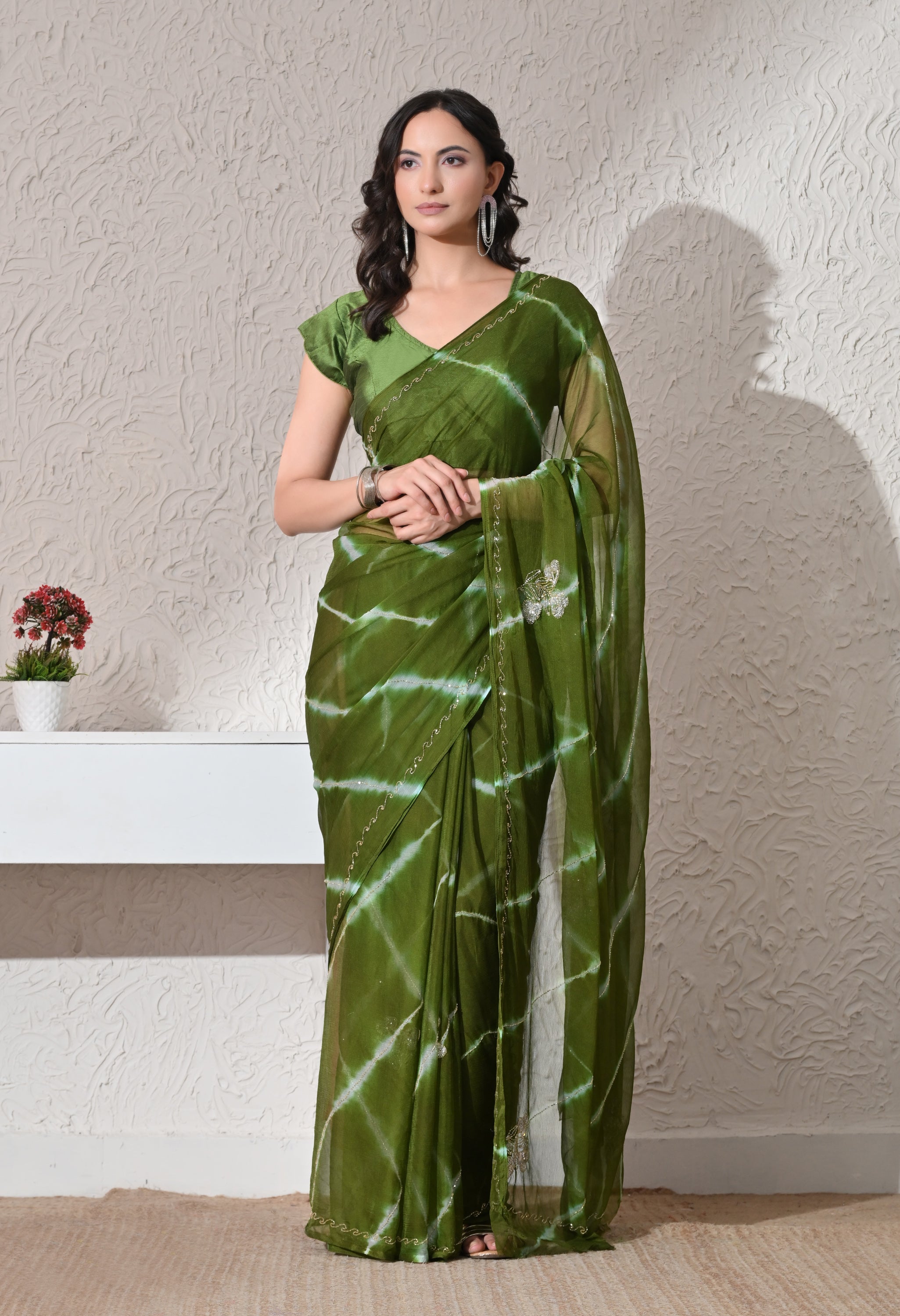 Olive Meadow Italian Chiffon Handcrafted Saree
